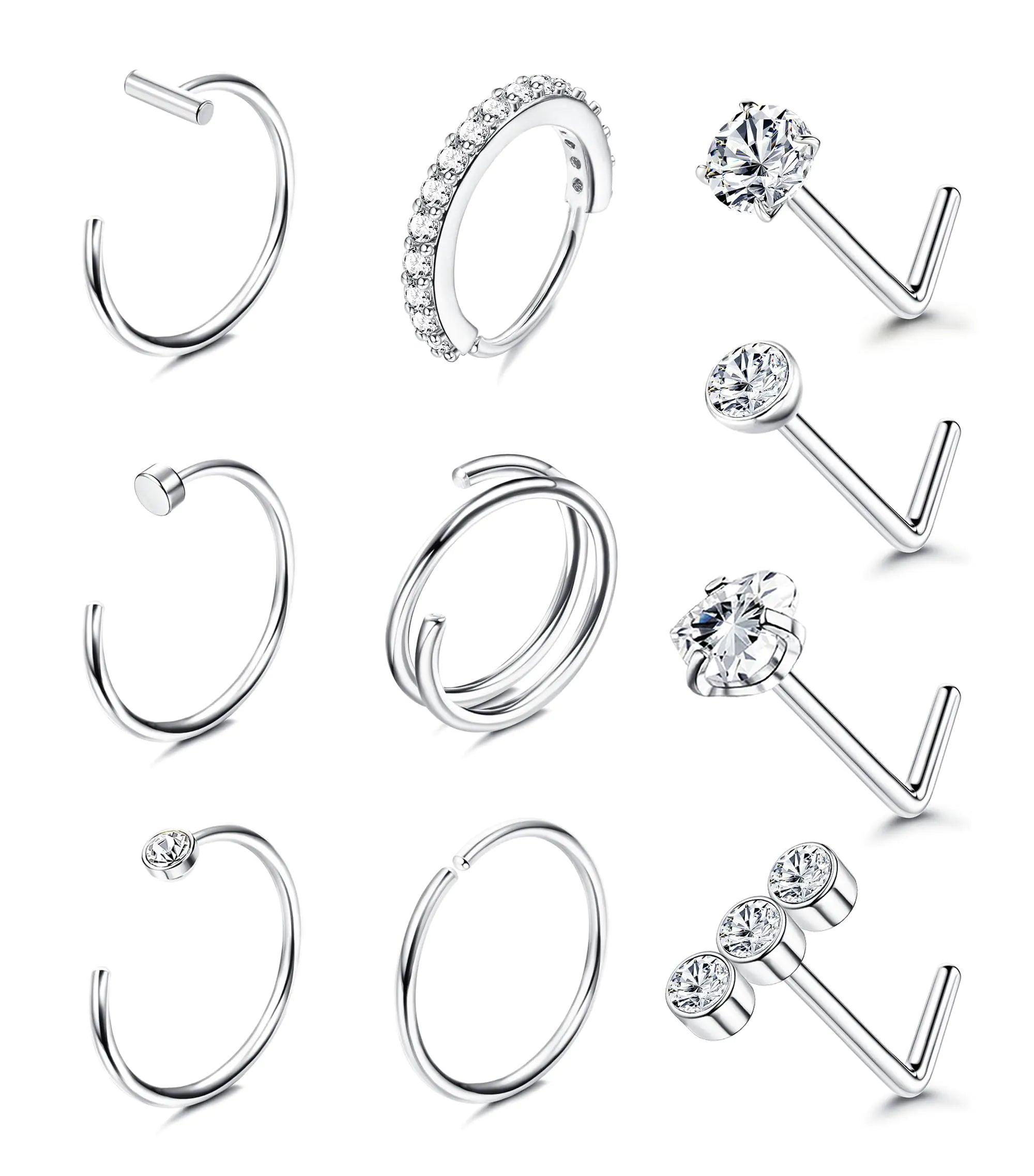 BESTEEL 14K Gold Filled Nose Ring Studs 20G Nose Rings Hoops Stud 316L Stainless Steel Nose Rings Round CZ Heart Simulated Diamond L Shaped Nose Stud Hypoallergenic Nostril Piercing Jewelry for Women Men 10Pcs Silver - Evallys.com # #