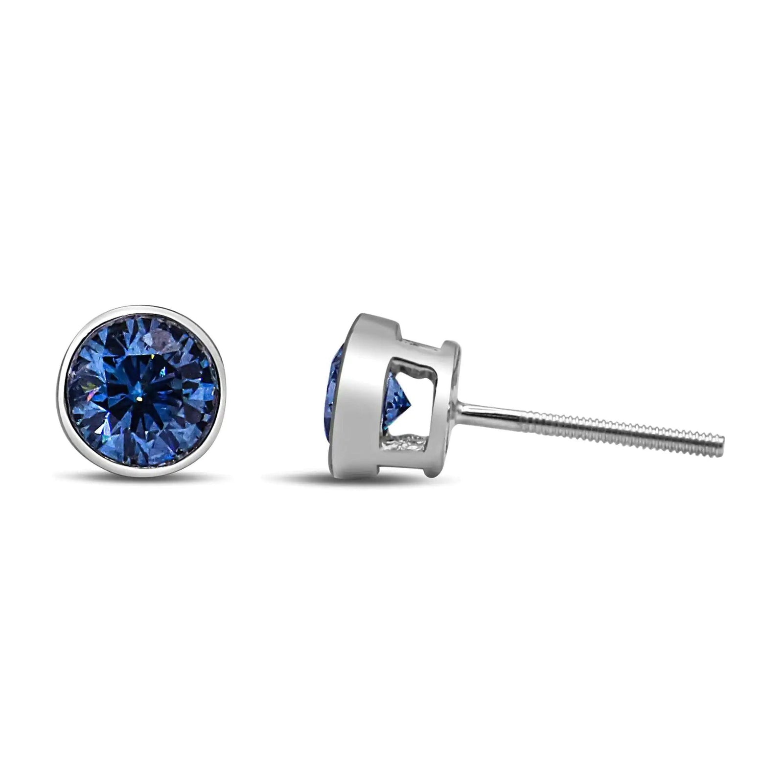 14K White Gold 1.0 Cttw Blue Lab Grown Diamond Screw-Back Classic Bezel Solitaire Stud Earrings (Blue Color, VS2-SI1 Clarity) - Evallys.com # #