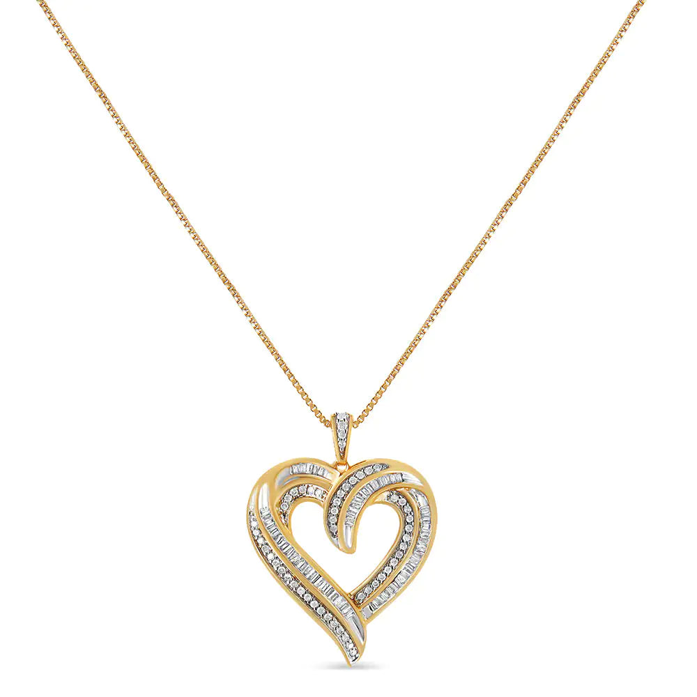 .925 Sterling Silver 3/4 Cttw Round and Baguette-Cut Diamond Open Heart 18" Pendant Necklace (I-J Color, I2-I3 Clarity) - Evallys.com # #