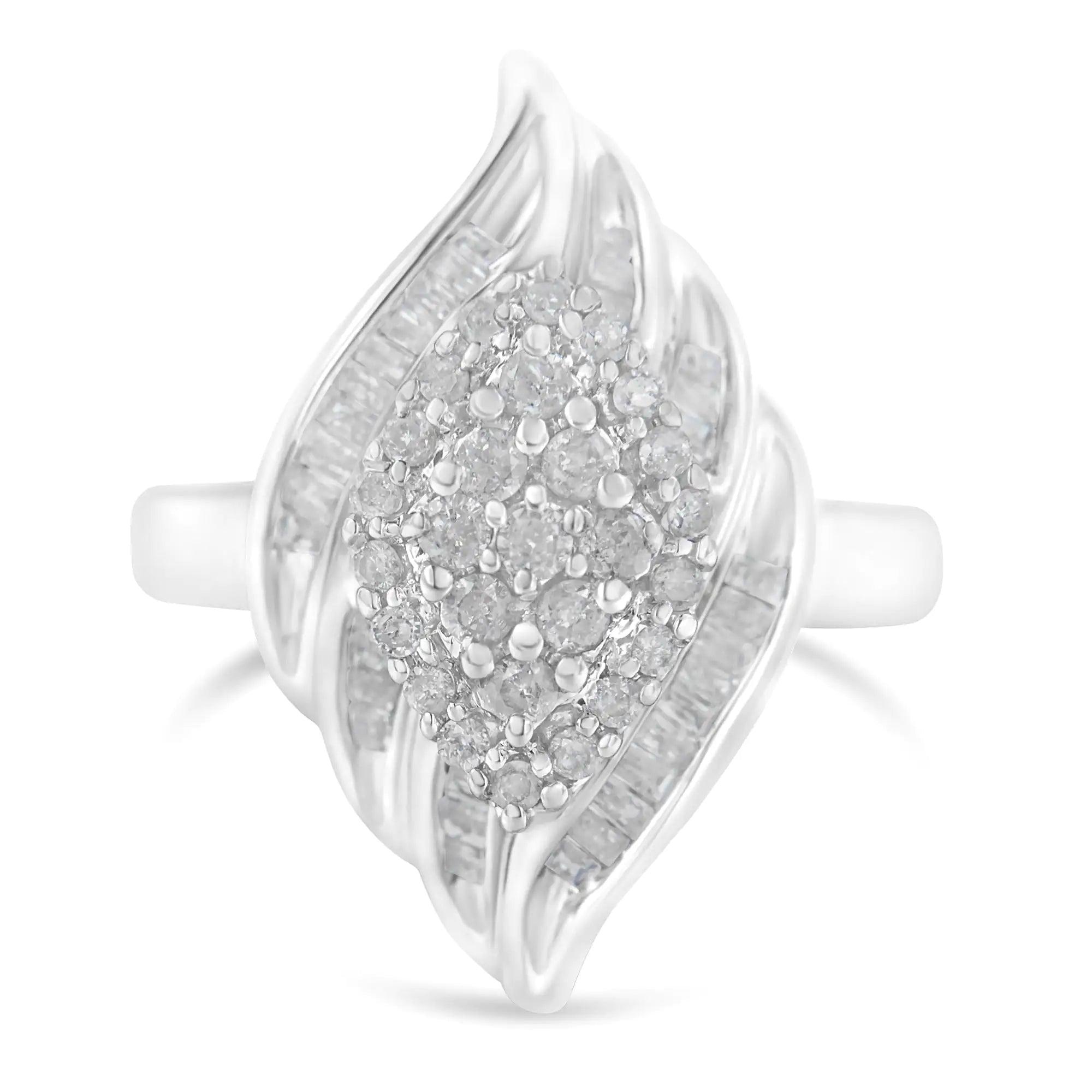 .925 Sterling Silver ¾ Cttw Round and Baguette Cut Diamond Stair-Stepped Cluster Waterfall Cocktail Ring (I-J Color, I2-I3 Clarity) - Evallys.com # #