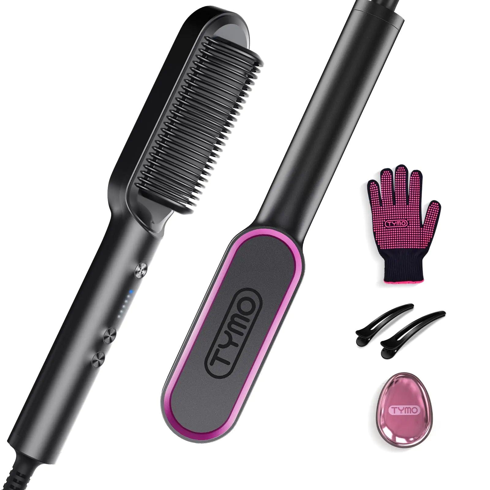 Hair Straightener Brush, TYMO Ring Hair Straightener Comb Straightening Brush for Women with 5 Temps 20s Fast Heating & Dual Voltage, Black - Evallys.com # #