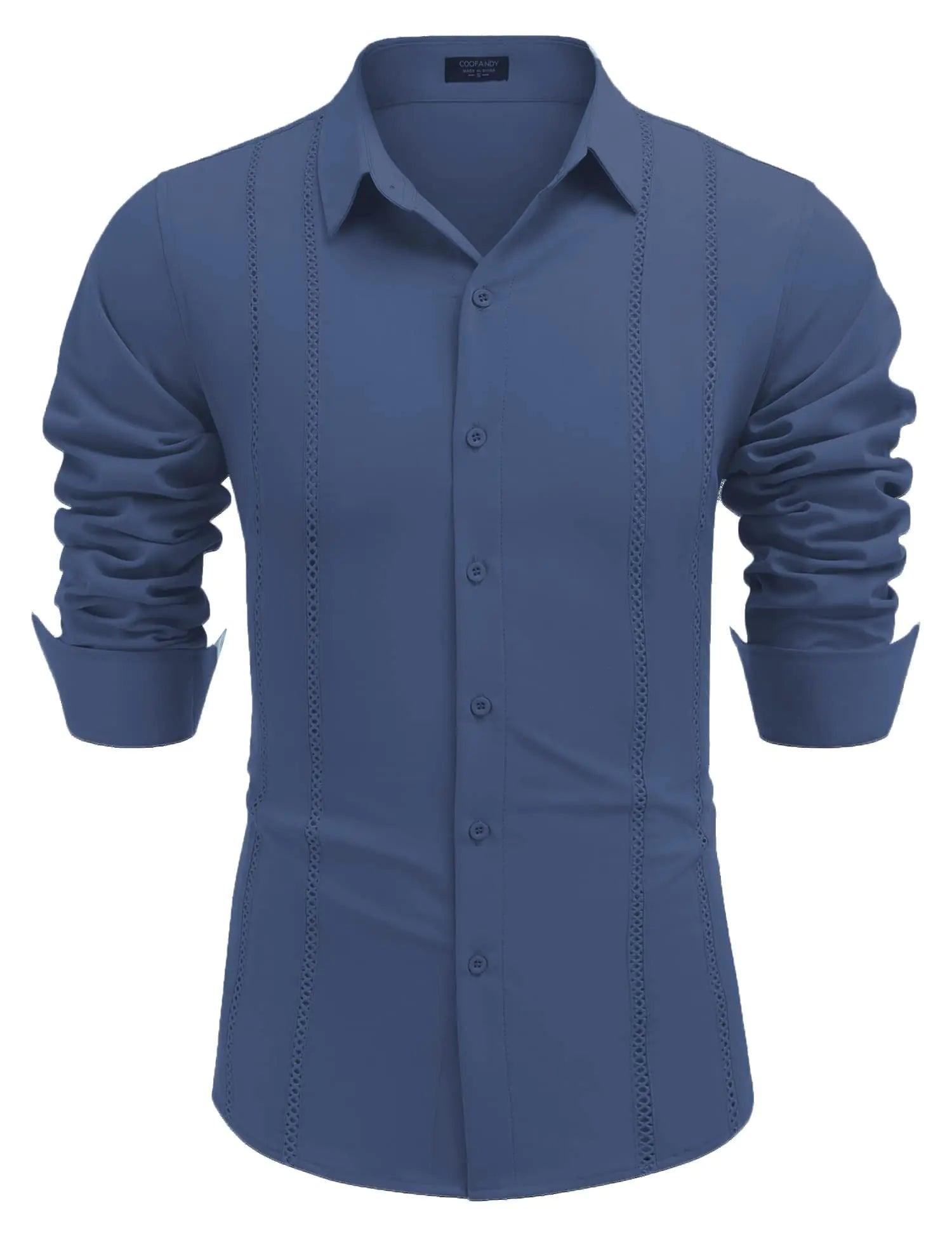 COOFANDY Mens Cuban Guayabera Shirt Casual Button Down Shirts Long Sleeve Summer Beach Shirts 4X-Large Dark Blue - Evallys.com # #