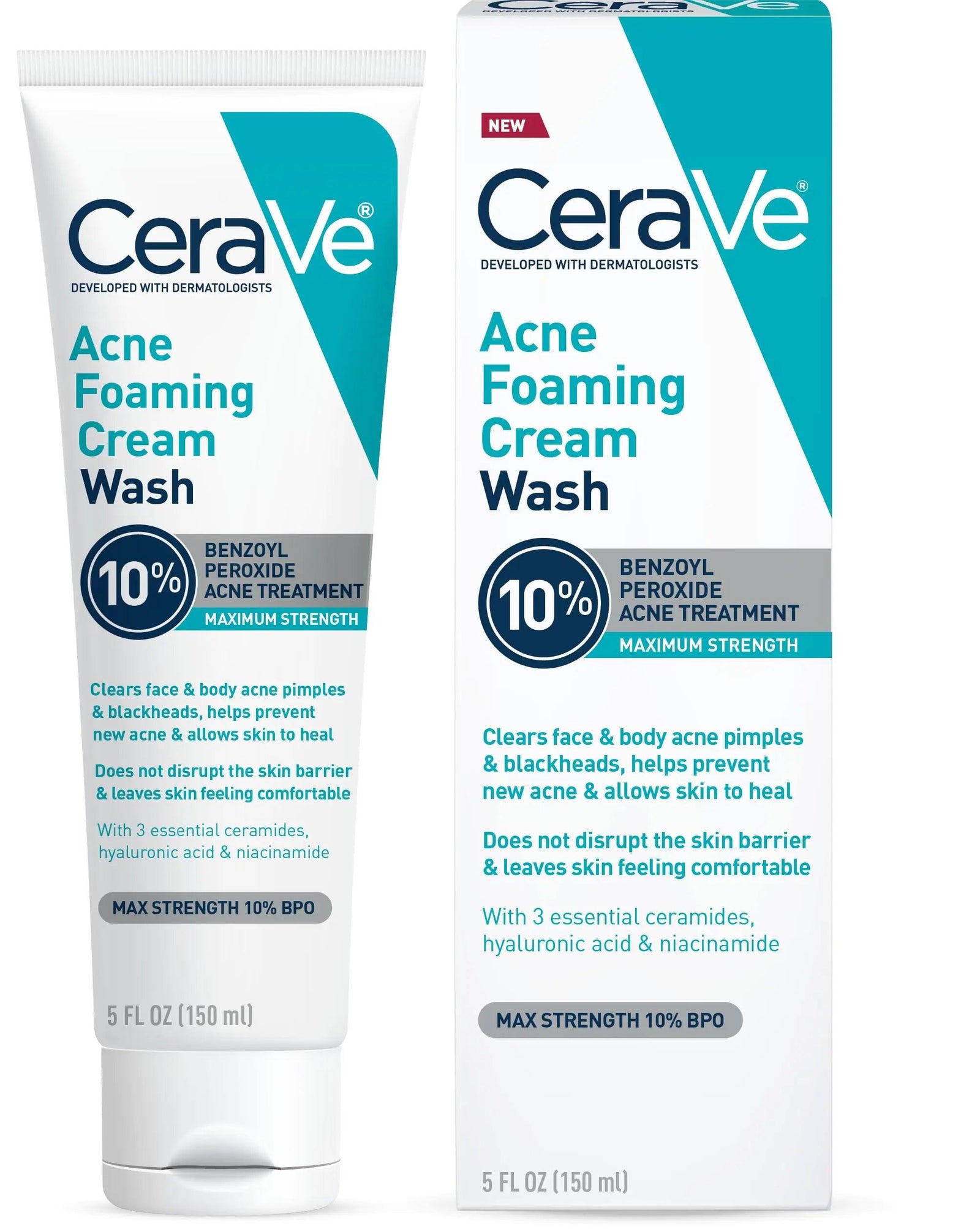 CeraVe Acne Foaming Cream Wash | Gentle Face and Body Acne Cleanser with Benzoyl Peroxide 10%, Hyaluronic Acid, and Niacinamide | Acne Treatment Clears Pimples, Blackheads, Chest and Back Acne | 5 Oz - Evallys.com # #