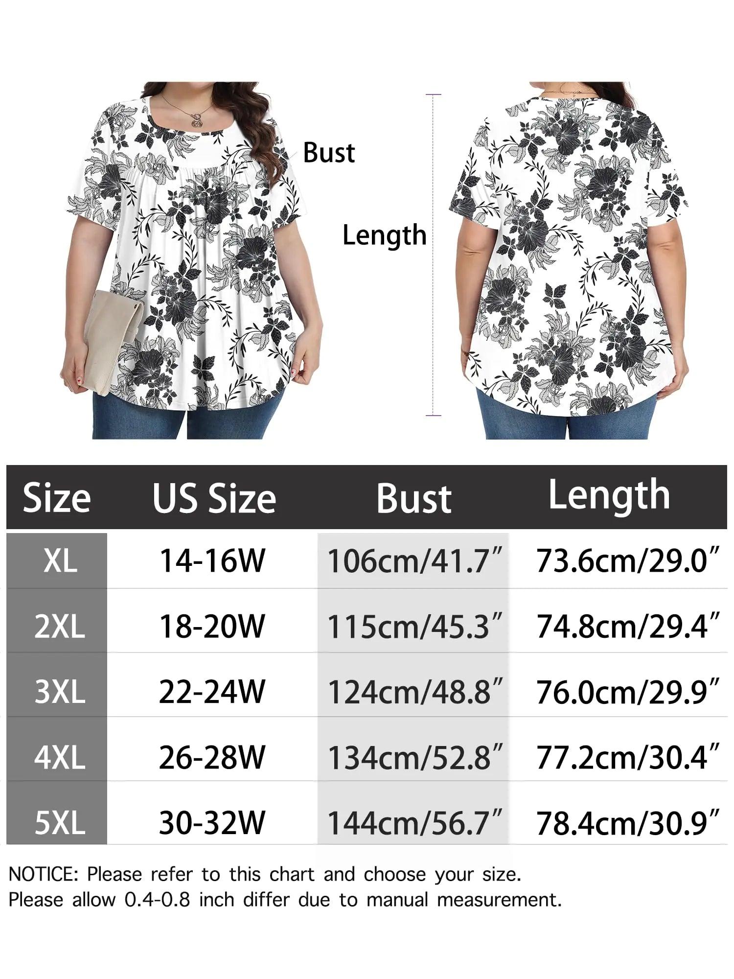 Womens Plus Size Tops Summer Blouses Tunic Short Sleeve Dressy Casual Loose Shirts 1X-5X White Ink Flower X-Large - Evallys.com # #