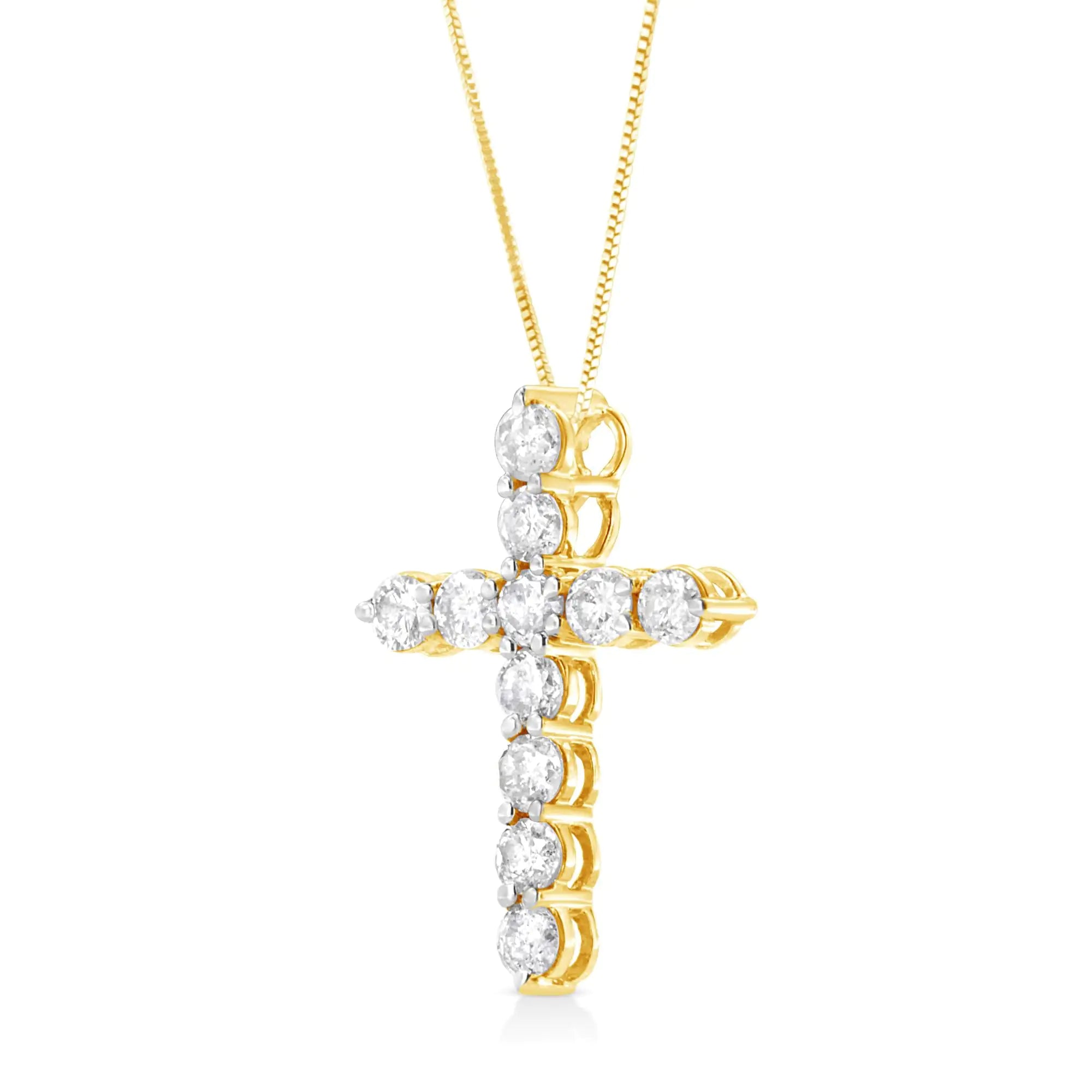 10K Yellow Gold Plated .925 Sterling Silver 1 cttw Prong Set Diamond Cross 18" Pendant Necklace (J-K Color, I1-I2 Clarity) - Evallys.com # #