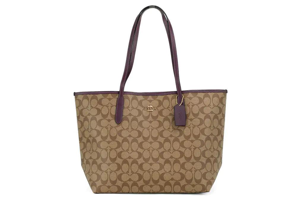 Coach (5696) Signature Coated Canvas Khaki Boysenberry City Tote Shoulder Bag - Evallys.com # #