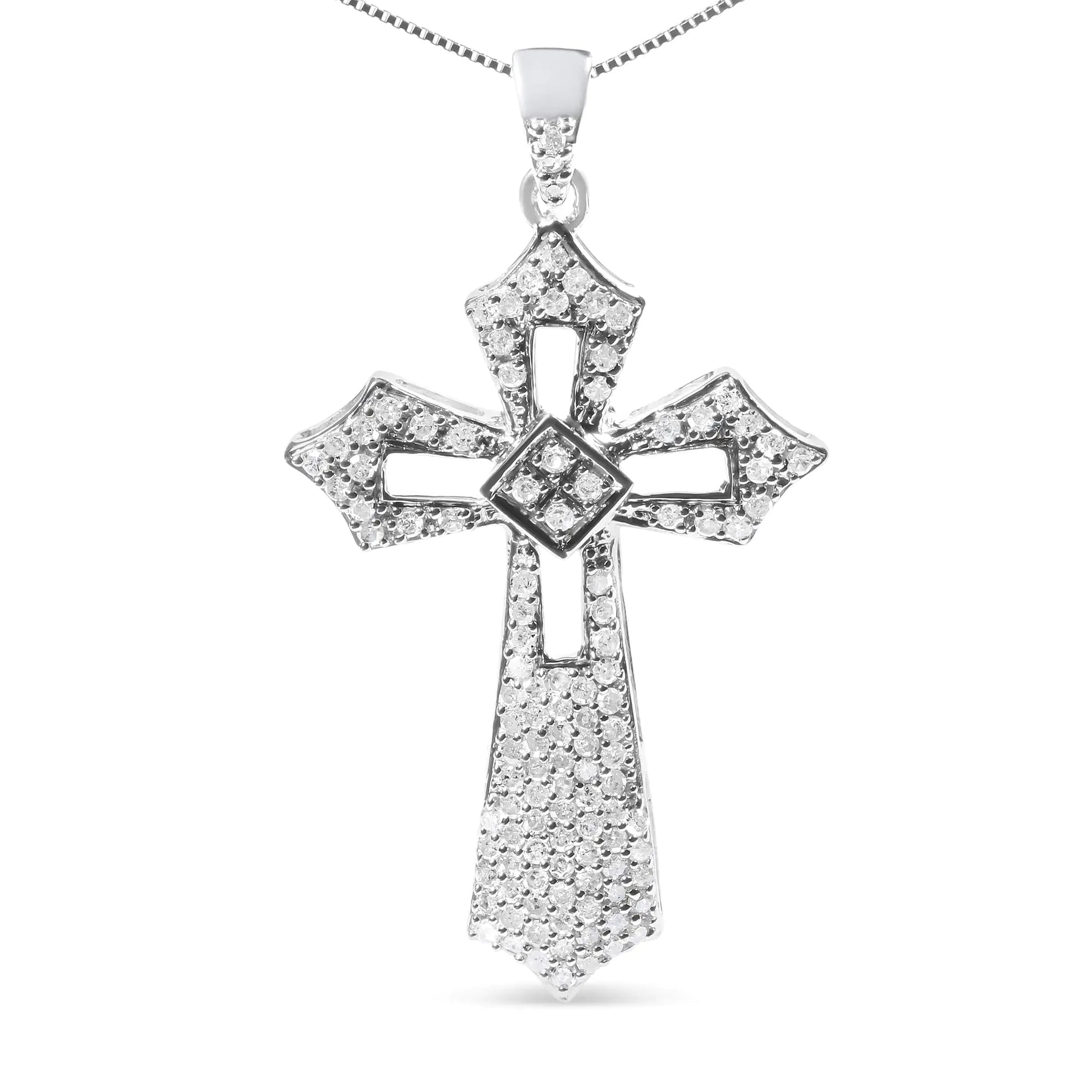 .925 Sterling Silver 1.00 Cttw Diamond Fleur De Lis Cross 18" Pendant Necklace (H-I Color, I2-I3 Clarity) - Evallys.com # #