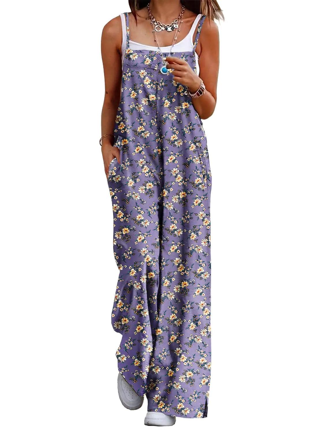 YESNO Women's Summer Boho Casual Jumpsuits Wide Leg Overalls Floral Print Baggy Rompers with Pocket PZZCR Medium Floral 08 - Evallys.com # #