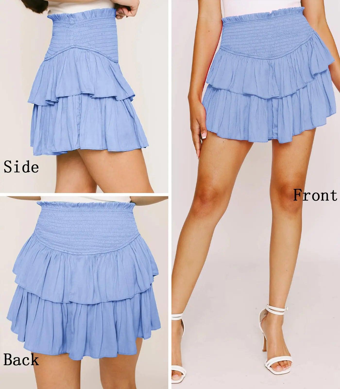 Women's Cute High Waist Ruffle Mini Skirt Layered Ruffle Hem Flared Flowy Casual Swing Beach Mini Short Skirt X-Small Light Blue - Evallys.com # #