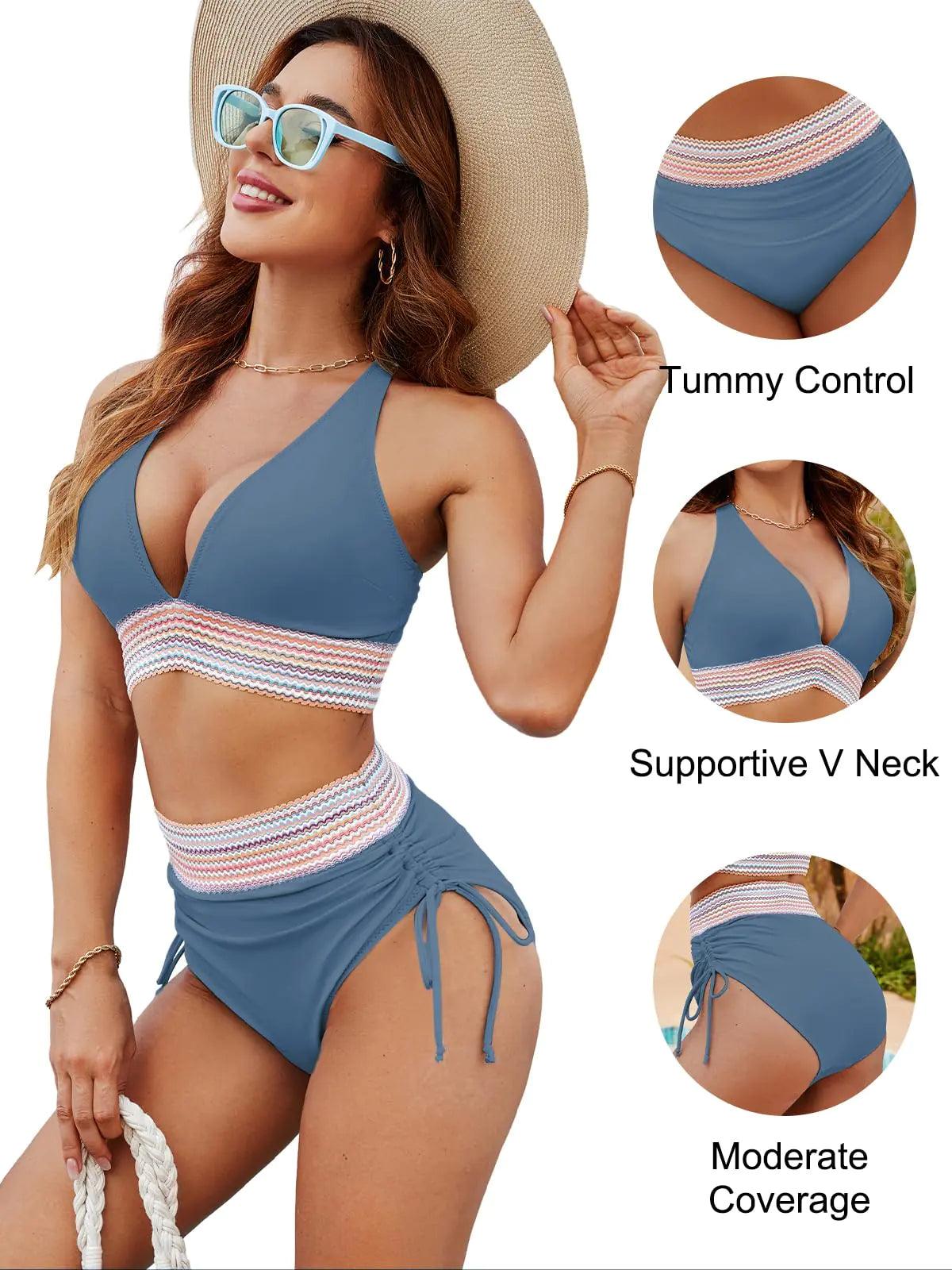 Blooming Jelly Women High Waisted Bikini Sets Tummy Control Swimsuits Color Block Two Piece Drawstring Bathing Suit Large Haze Blue - Evallys.com # #