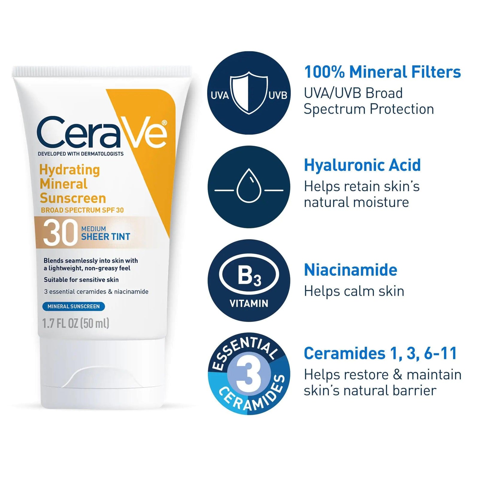 CeraVe Hydrating Mineral Sunscreen SPF 30 with Sheer Tint | Tinted Mineral Sunscreen with Zinc Oxide & Titanium Dioxide | Blends Seamlessly For Healthy Glow | Medium, 1.7 Fluid Ounce Fragrance Free - Evallys.com # #