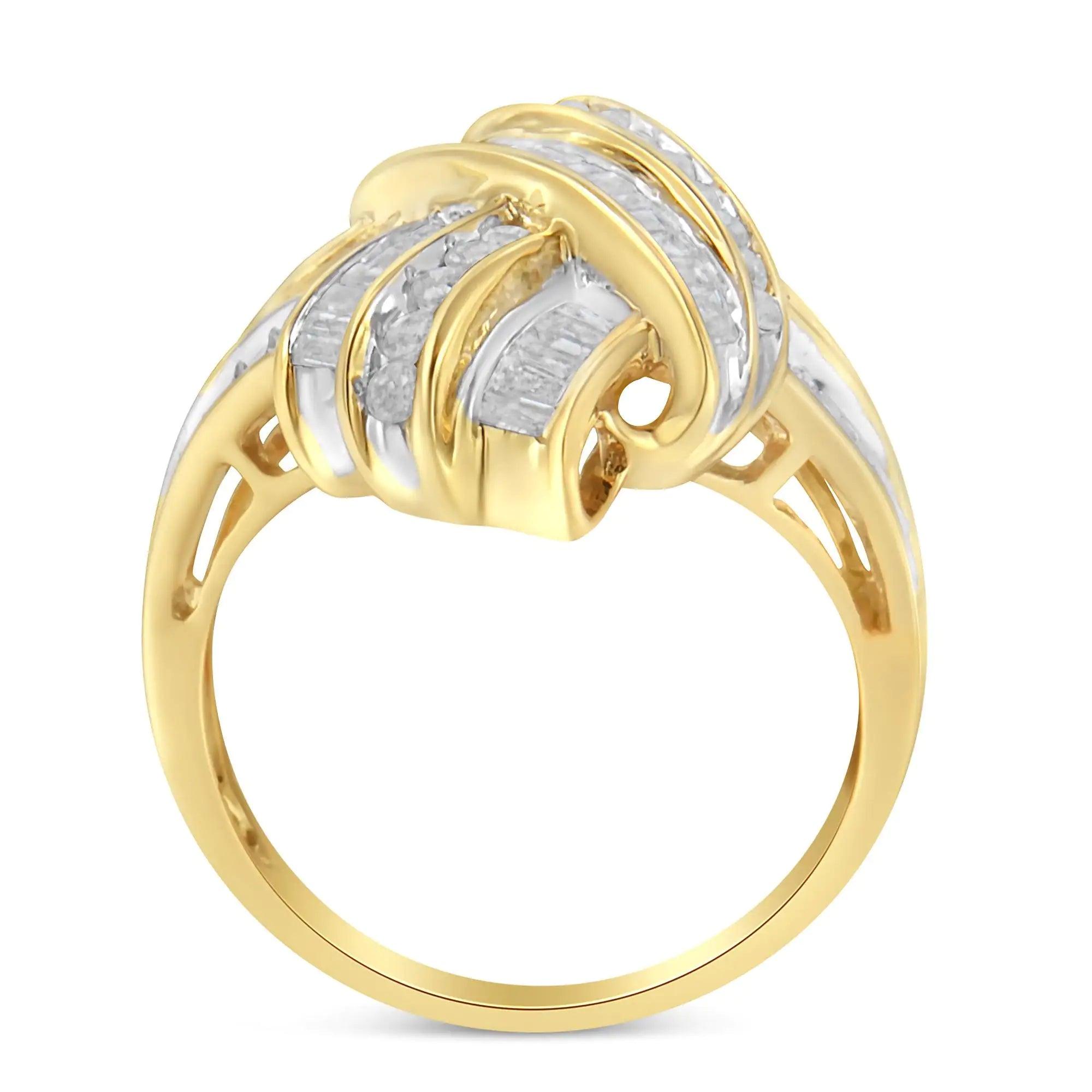 10K Yellow Gold Plated .925 Sterling Silver 1.0 Cttw Round & Baguette Diamond Knot Channel Statement Ring (I-J Color, I2-I3 Clarity) - Evallys.com # #