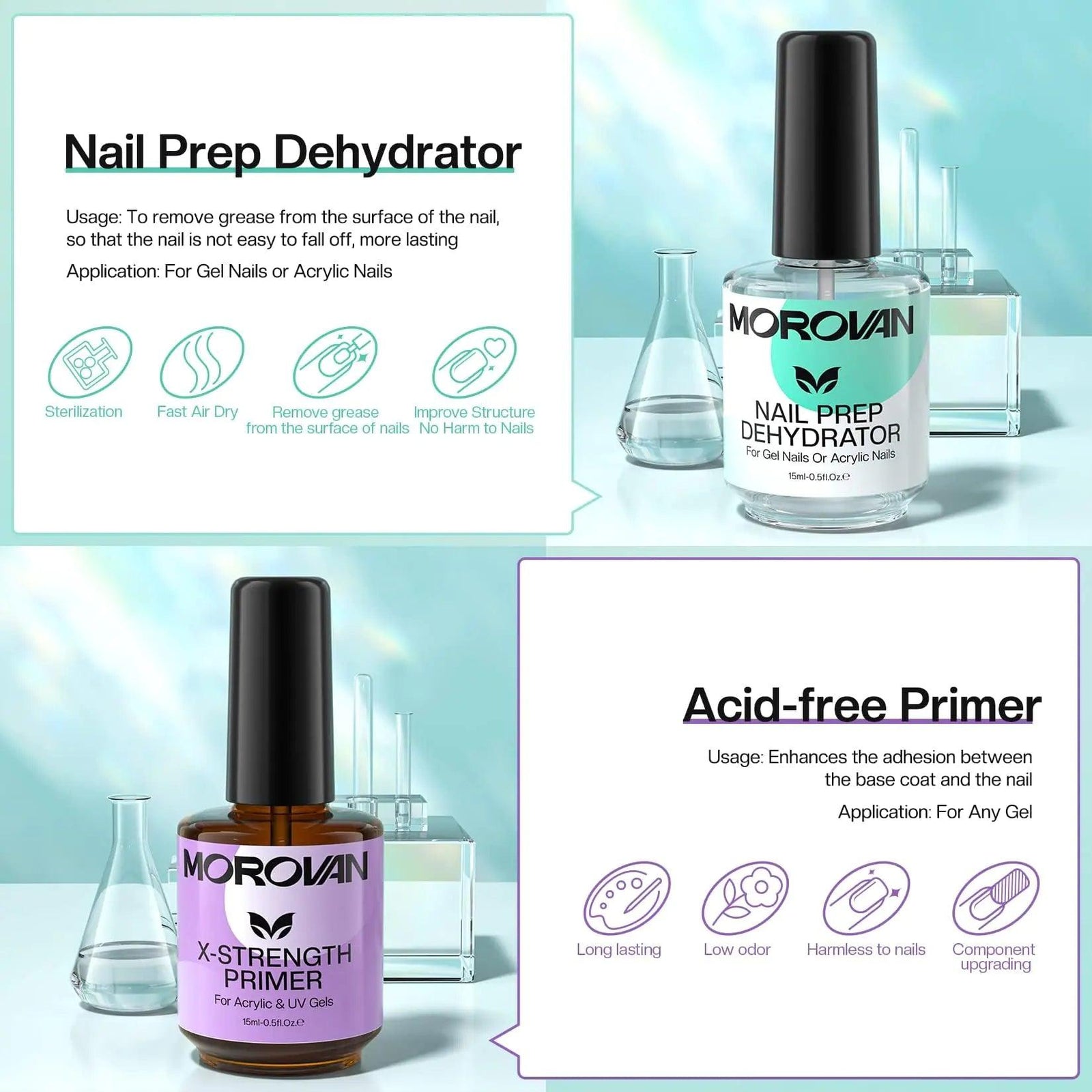 Morovan Nail Dehydrator and Primer with Cuticle Oil Set - Professional Nail Prep Dehydrator and Primer Set Long Lasting X-Strength Acid-Free Nail Primer for Acrylic Nails ＆ Gel Nails for Beginner - Evallys.com # #