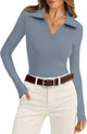 WIHOLL Womens Polo Shirts Long Sleeve Business Casual Tops Collared V Neck Ribbed Knit Sweater Slim Fit Blouses Dusty Blue Small - Evallys.com