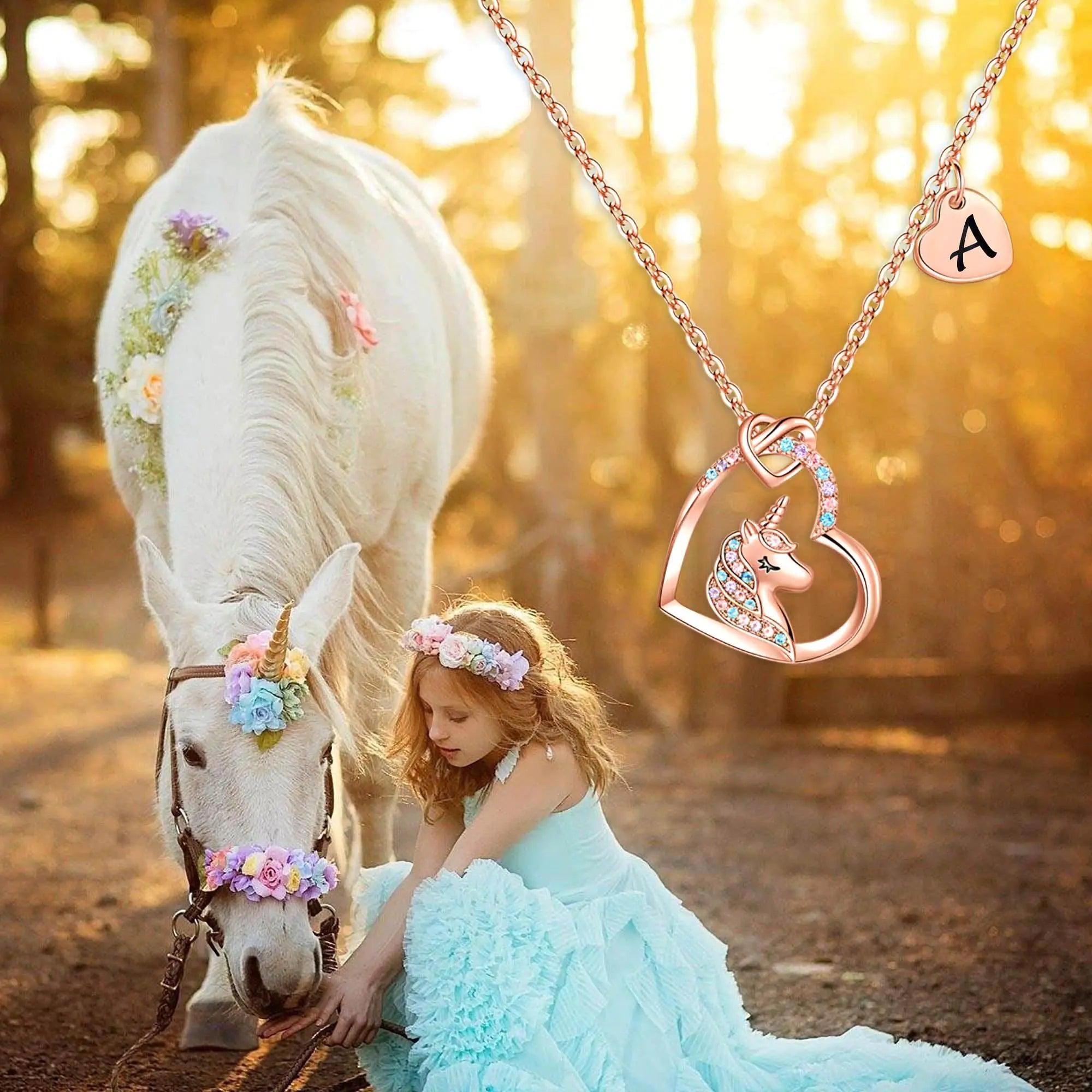 Hidepoo Unicorn Necklace for Girls Gifts - 14K Gold/Rose Gold/White Gold Plated Cubic Zirconia Heart Unicorn Necklace Gifts Jewelry Initial Unicorn Necklace Birthday Gifts Unicorns Gifts for Girls D Rose Gold - Evallys.com # #