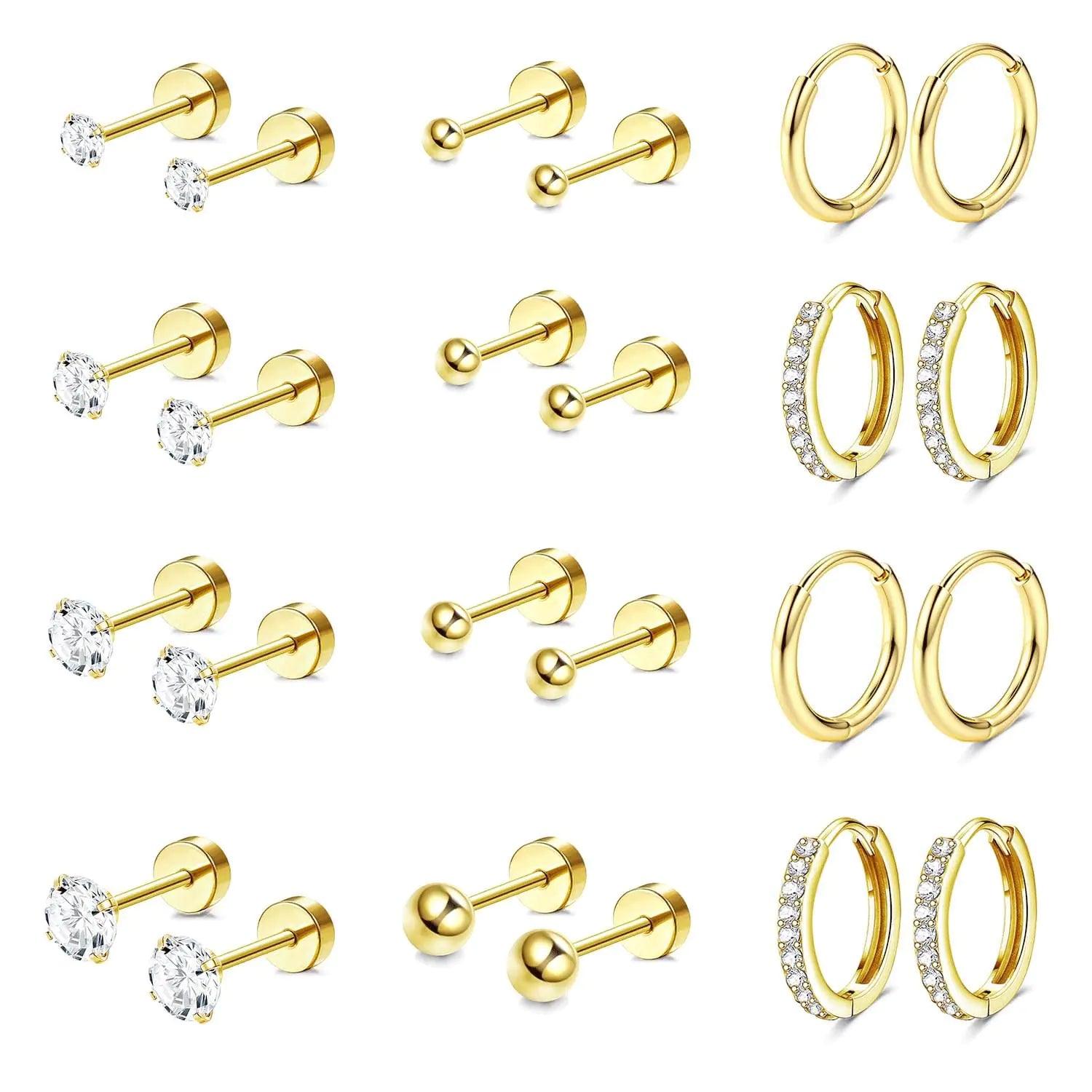 Jstyle Hypoallergenic Surgical Steel Earrings for Sensitive Ears 14K Gold Flat Back Earrings for Women Men Small Stainless Steel Earrings Flatback Stud Hoop Cartilage Earring Set for Multiple Piercing Gold Tone - Evallys.com # #