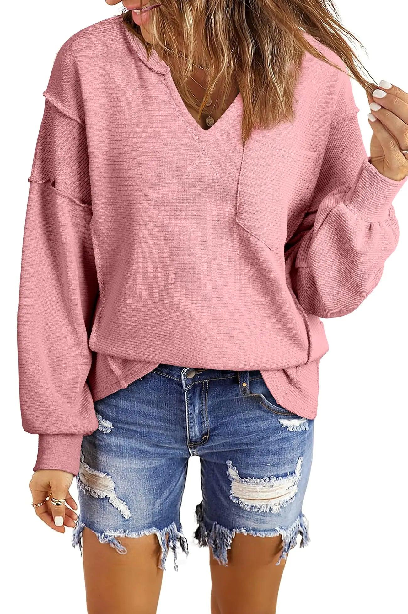 BLENCOT Womens Casual Sweatshirts Crew Neck Long Sleeve 2024 Fashion Waffle Knitted Blouse Pullover Tops with Pocket XX-Large A6016 Kahki - Evallys.com