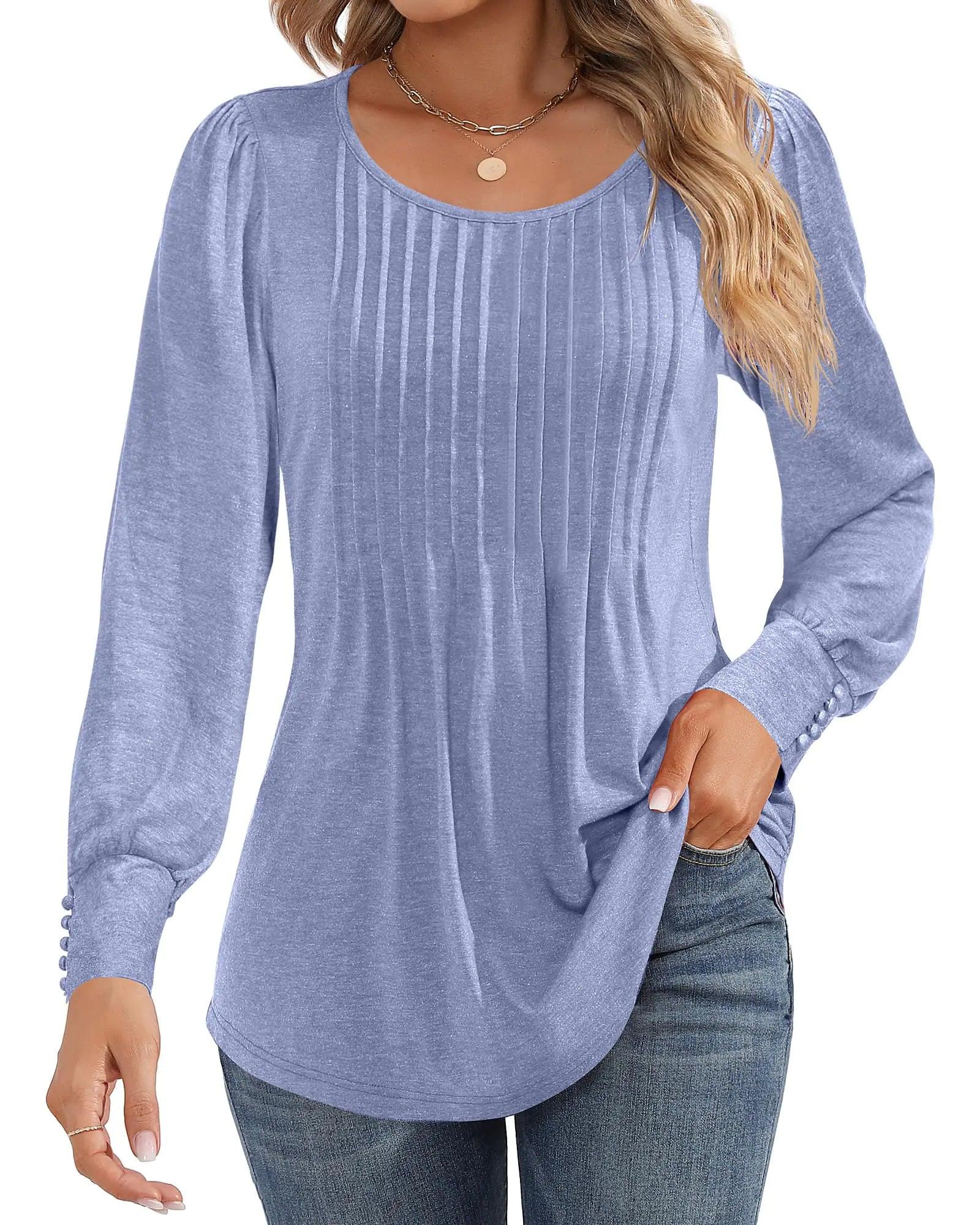Ficerd Women's Puff Long Sleeve Tunic Tops Pleated Crew Neck Blouses Dressy Casual Loose Fit Fall and Winter Shirts Pink Floral Large - Evallys.com