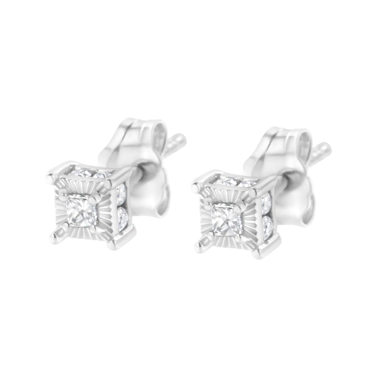 .925 Sterling Silver 1/4 Cttw Miracle Set Princess-Cut Diamond Solitaire Stud Earrings with Hidden Halo (I-J Color, SI2-I1 Clarity) - Evallys.com # #