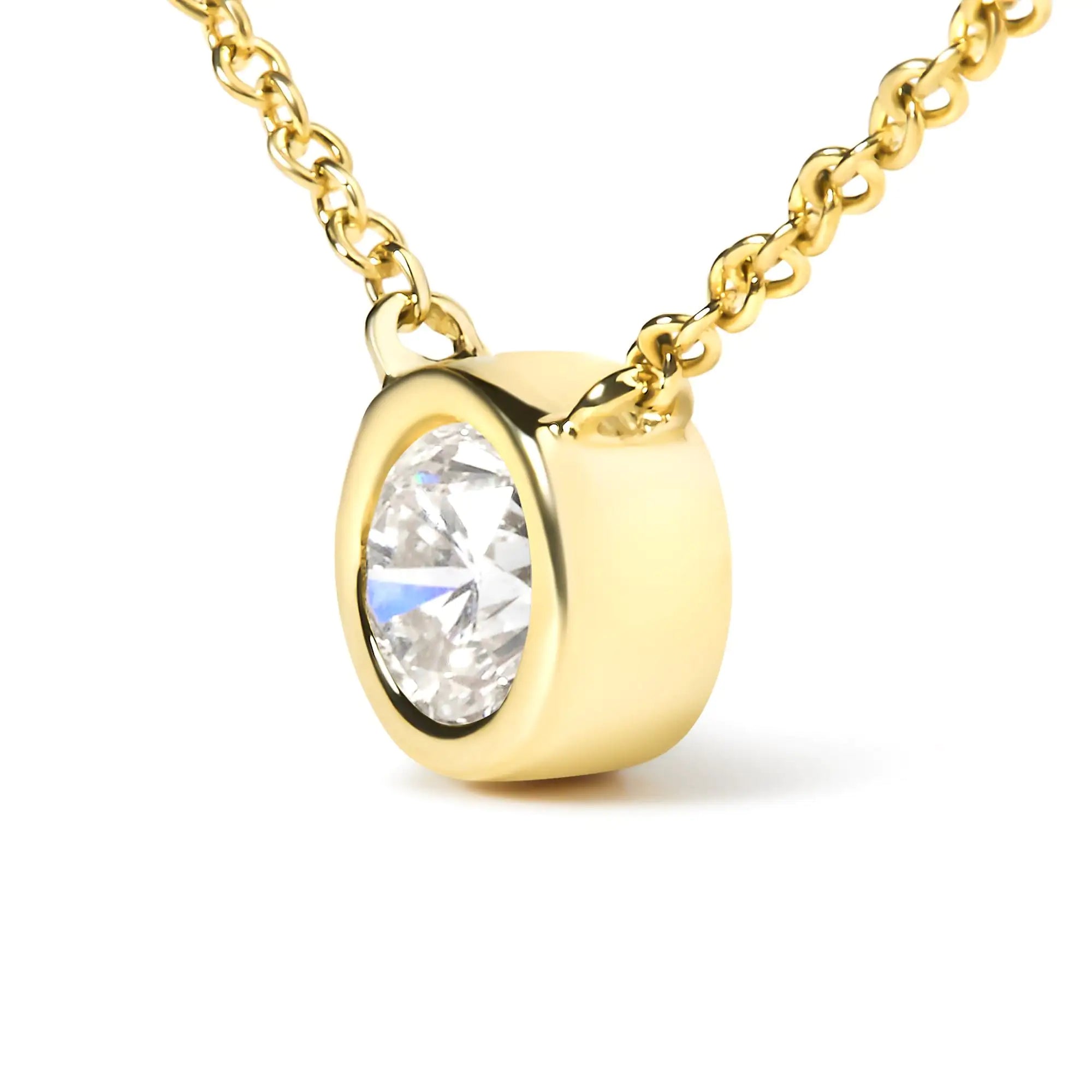 10K Yellow Gold 1/5 Carat Round Brilliant-Cut Diamond Modern Bezel-Set Solitaire 16"-18" Pendant Necklace (H-I Color, SI2-I1 Clarity) - Evallys.com # #