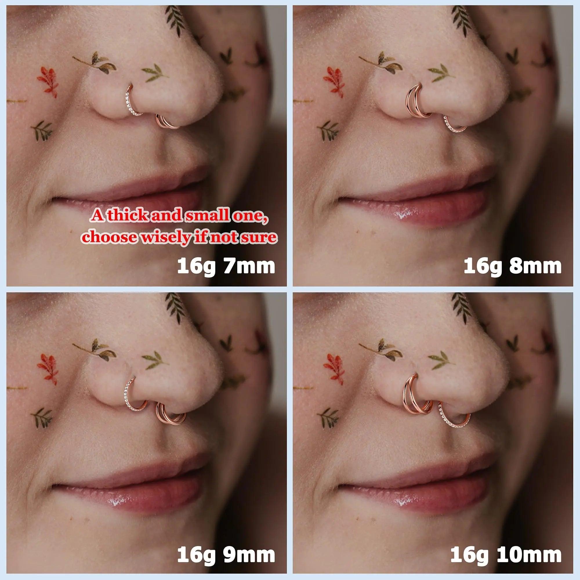 BodyBonita 3pcs Nose Rings Hoops - 316L Surgical Steel Double Hoop Nose Rings 16G/18G/20G Hinged CZ Conch Piercing Jewelry Septum Clicker Lip Rings Cartilage Earring Helix Rook Tragus Daith 7mm/8mm/9mm/10mm Rose Gold 16 gauge(1.2mm)-10mm - Evallys.com # #