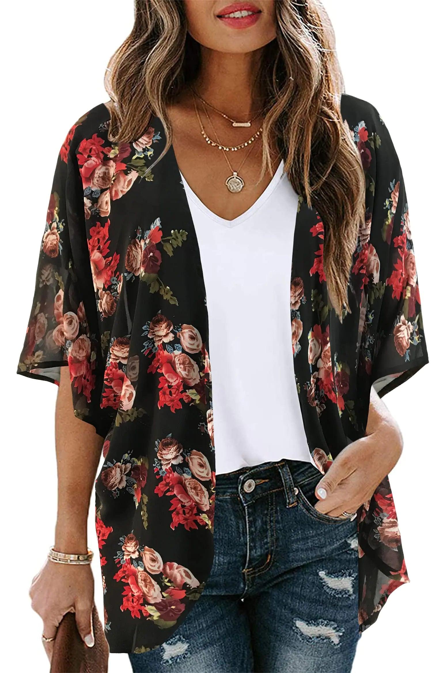 Women's Floral Print Puff Sleeve Kimono Cardigan Loose Cover Up Casual Blouse Tops Small Orange Black - Evallys.com # #