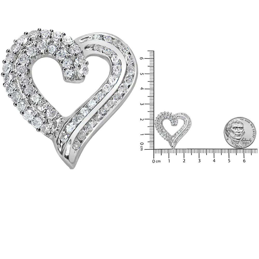 .925 Sterling Silver 1.0 Cttw Prong & Channel-Set Diamond Open work Ribbon Heart Pendant 18