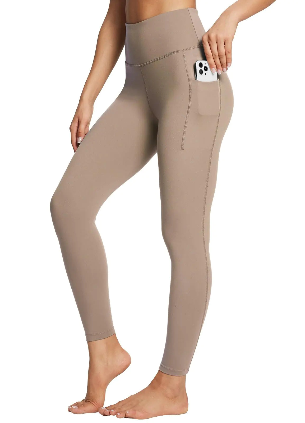 BALEAF Women's Leggings with Pockets Tummy Control Workout High Waisted Athletic Running 7/8 Ultra Soft Gym Yoga Ankle Pants 25" inseam Small Light Brown - Evallys.com # #