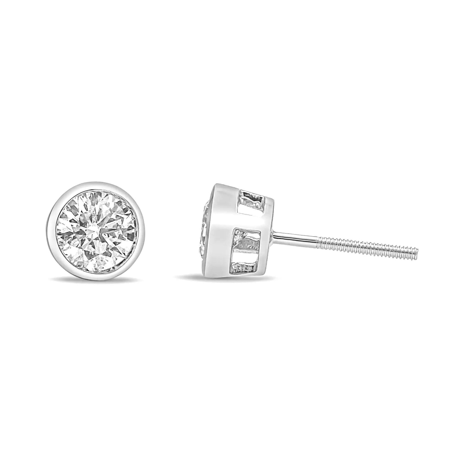 14K White Gold Lab Grown Diamond Screw-Back Classic Bezel Solitaire Stud Earrings (G-H Color, VS2-SI1 Clarity) - Evallys.com # #