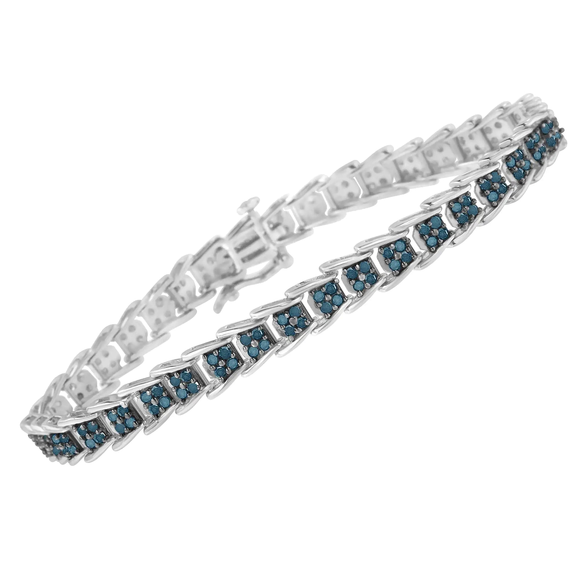 .925 Sterling Silver 2 cttw Treated Blue Diamond Fan-Shaped Nested Link 7" Tennis Bracelet (Blue Color, I3 Clarity) - Size 7" - Evallys.com # #