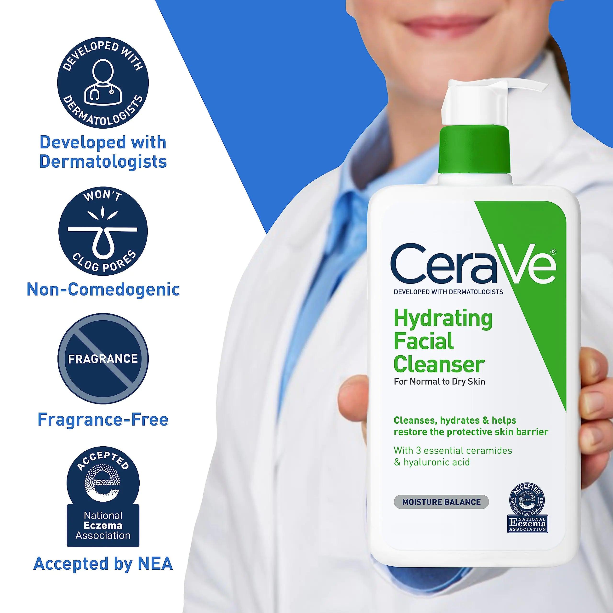 CeraVe Hydrating Facial Cleanser | Moisturizing Face Wash For Dry Skin | Hyaluronic Acid + Ceramides + Glycerin | Hydrating Cleanser For Normal To Dry Skin | National Eczema Assosiation Certified - Evallys.com # #