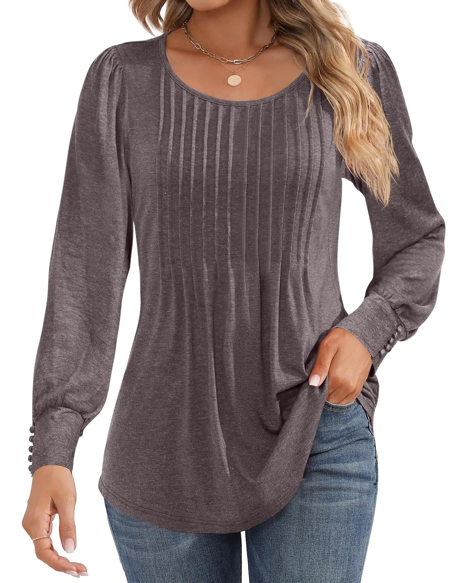 Ficerd Women's Puff Long Sleeve Tunic Tops Pleated Crew Neck Blouses Dressy Casual Loose Fit Fall and Winter Shirts Pink Floral Large - Evallys.com