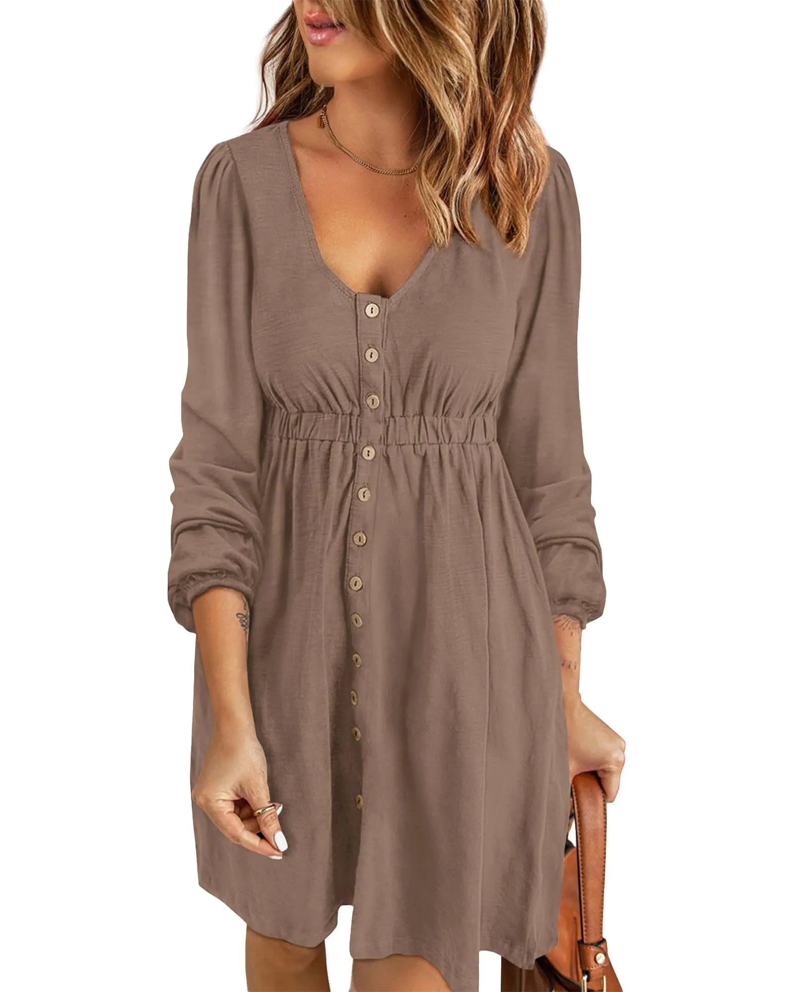 BTFBM Women 2024 Casual Button Down Summer Fall Dresses Long Sleeve Crew Neck Solid High Waist Short Tunic Mini Dress X-Large Long Buttons Dark Khaki - Evallys.com # #