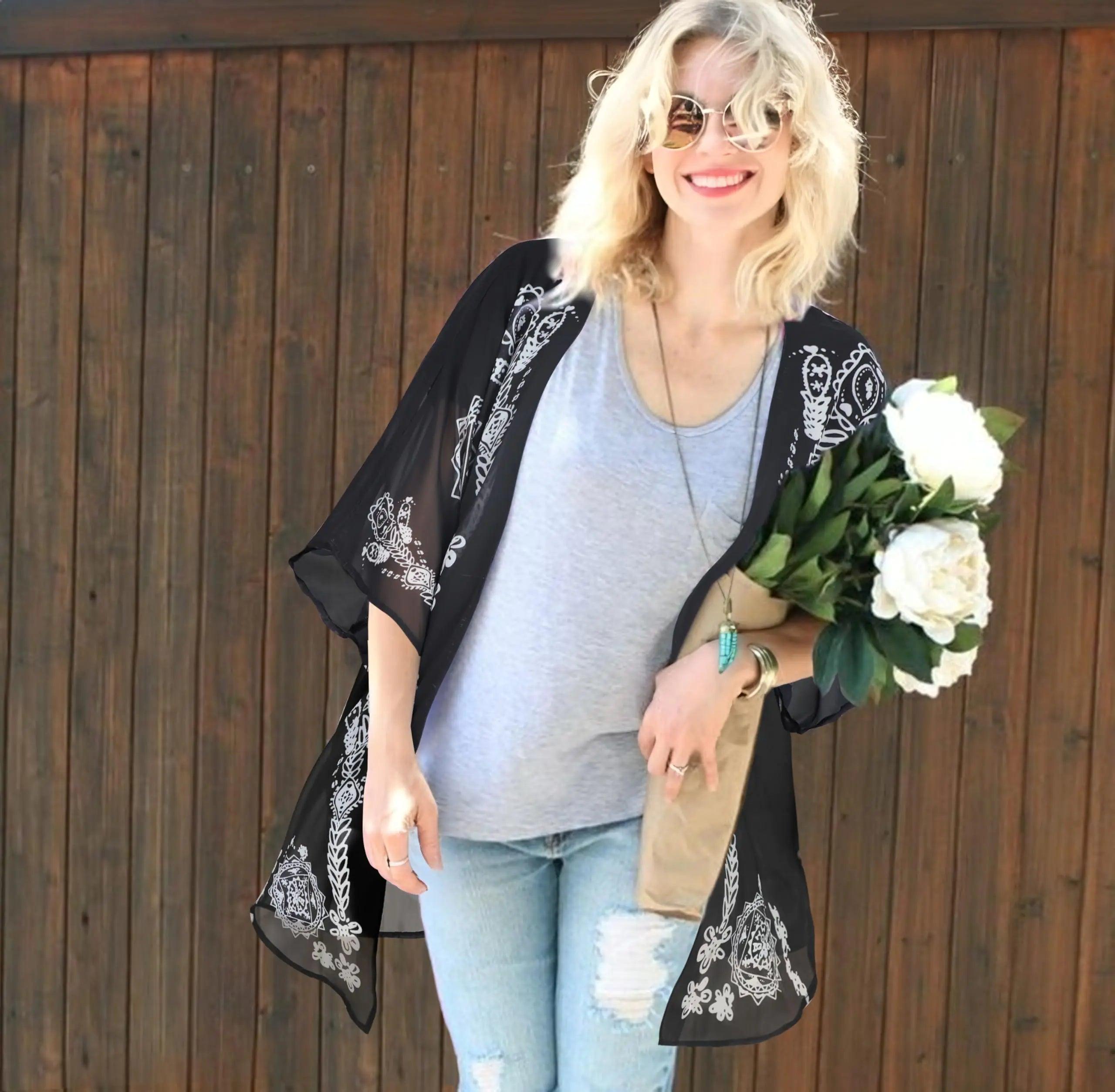 Women's Floral Print Puff Sleeve Kimono Cardigan Loose Cover Up Casual Blouse Tops Large Black - Evallys.com # #