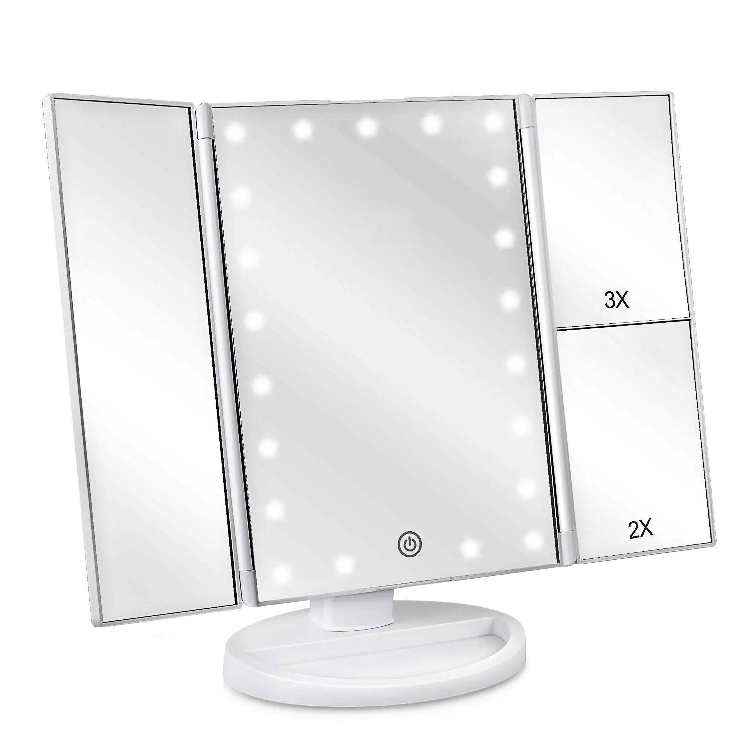 deweisn Floor Mount Tri-Fold Lighted Vanity Mirror with 21 LED Lights, Touch Screen and 3X/2X/1X Magnification, Two Power Supply Modes Make Up Mirror,Travel Mirror White - Evallys.com # #