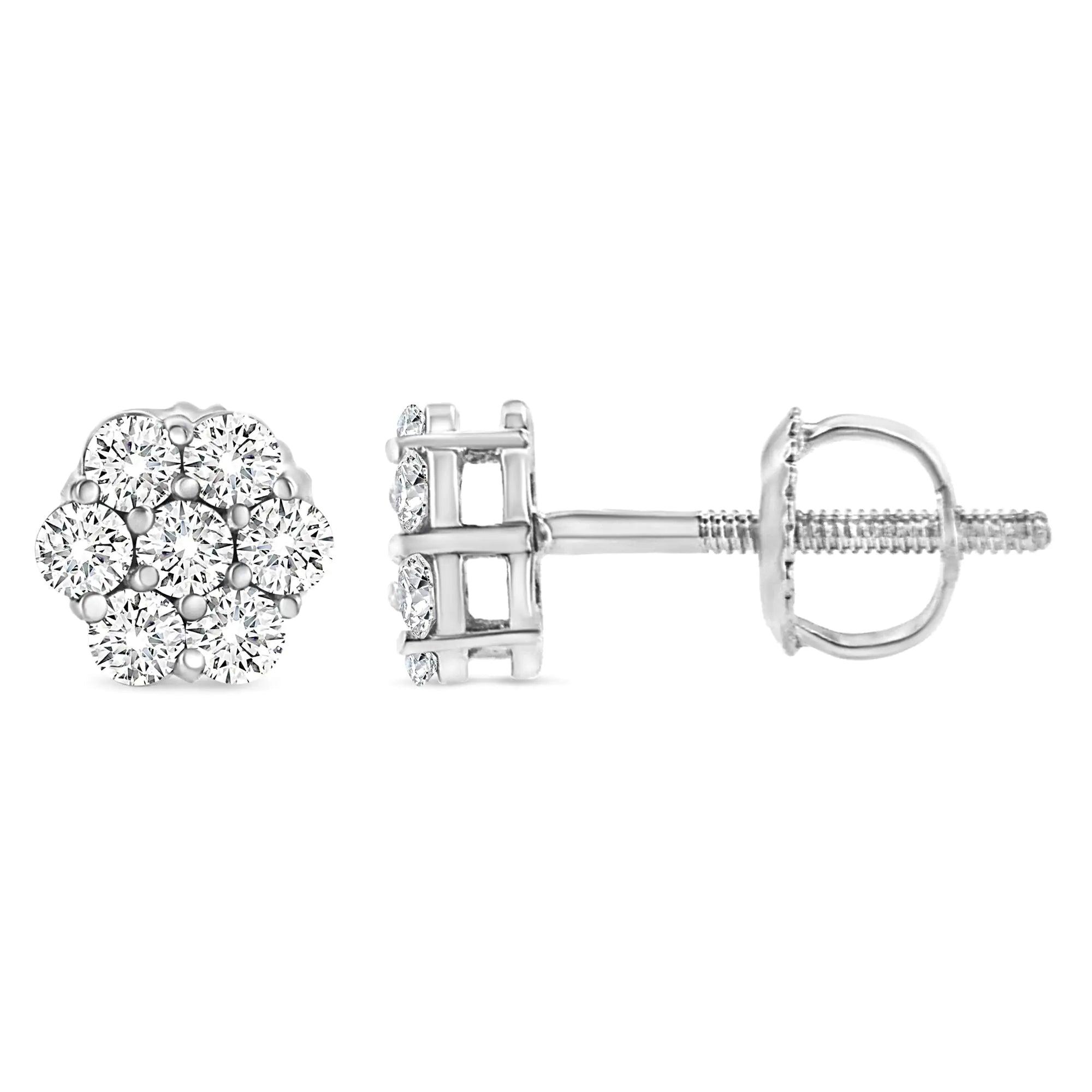 14K White Gold 1/3 Cttw Floral Cluster Diamond Stud Earrings with Screw backs (I-J Color, SI2-I1 Clarity	) - Evallys.com # #