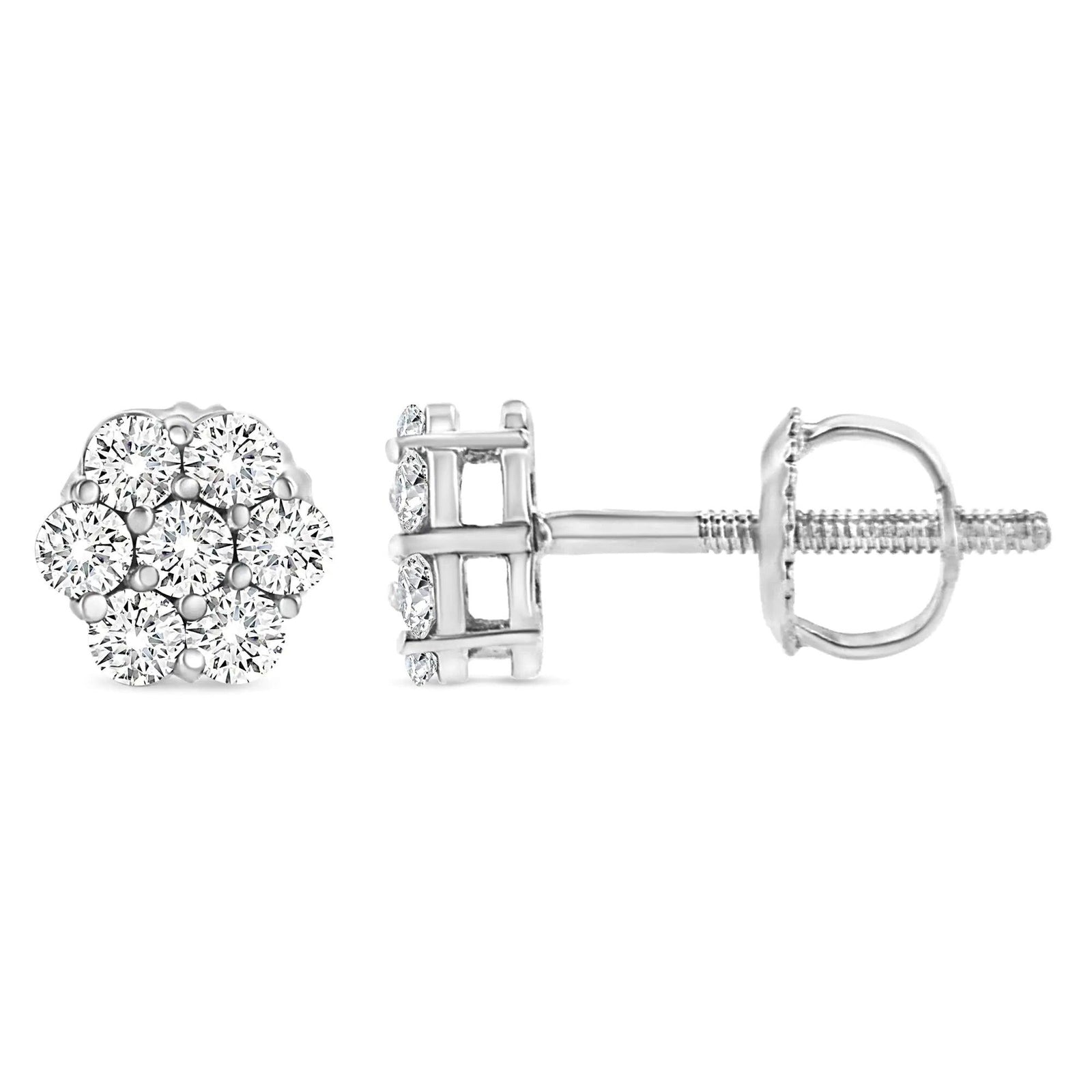 14K White Gold 1/3 Cttw Floral Cluster Diamond Stud Earrings with Screw backs (I-J Color, SI2-I1 Clarity	) - Evallys.com # #