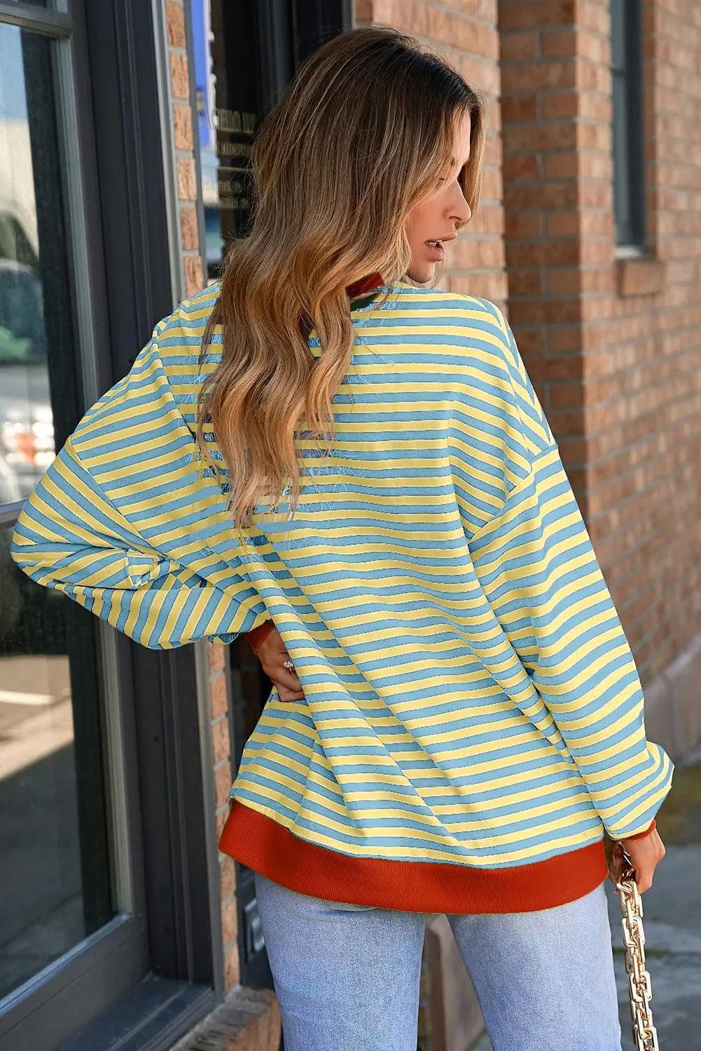 AlvaQ Womens Oversized Sweatshirt 2024 Casual Crewneck Long Sleeve Colorblock Striped Pullover Tunic Tops Outfits Stripedyellow X-Large - Evallys.com # #