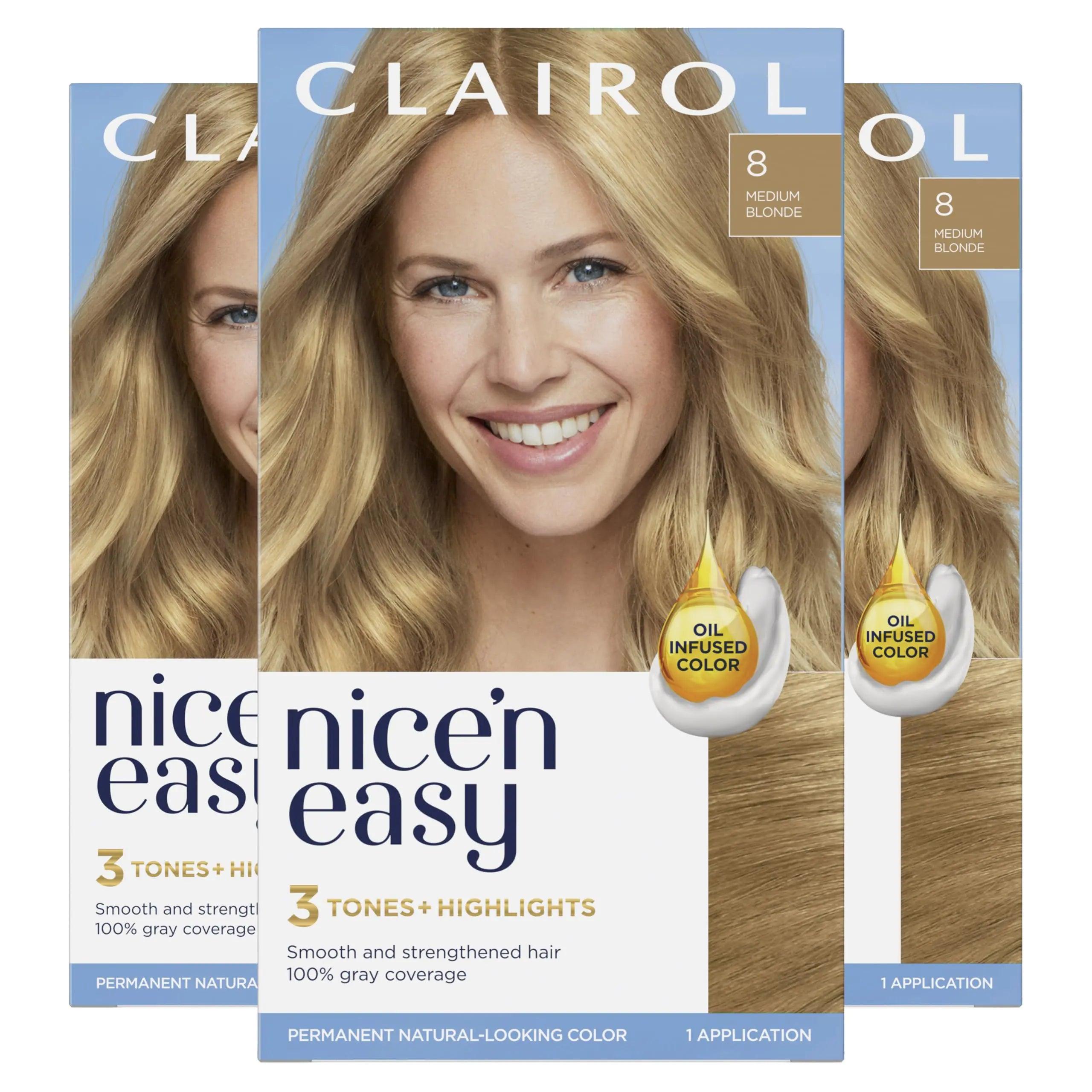 Clairol Nice'n Easy Permanent Hair Dye, 8 Medium Blonde Hair Color, Pack of 3 6.26 Fl Oz (Pack of 3) - Evallys.com # #