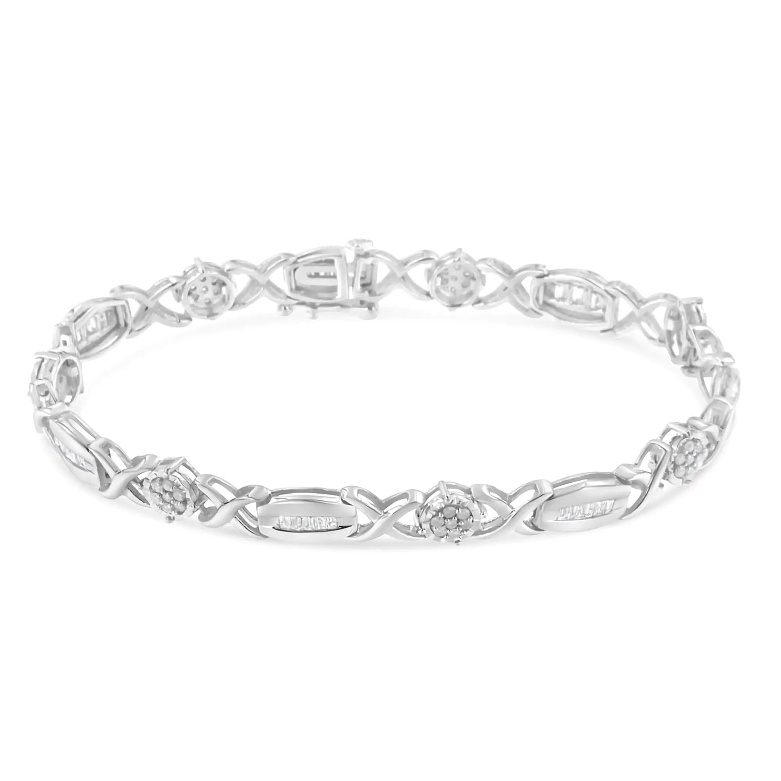 .925 Sterling Silver 1.0 Cttw Round-Cut and Baguette-Cut Diamond X-Link Bracelet (I-J Color, I1-I2 Clarity) - 7