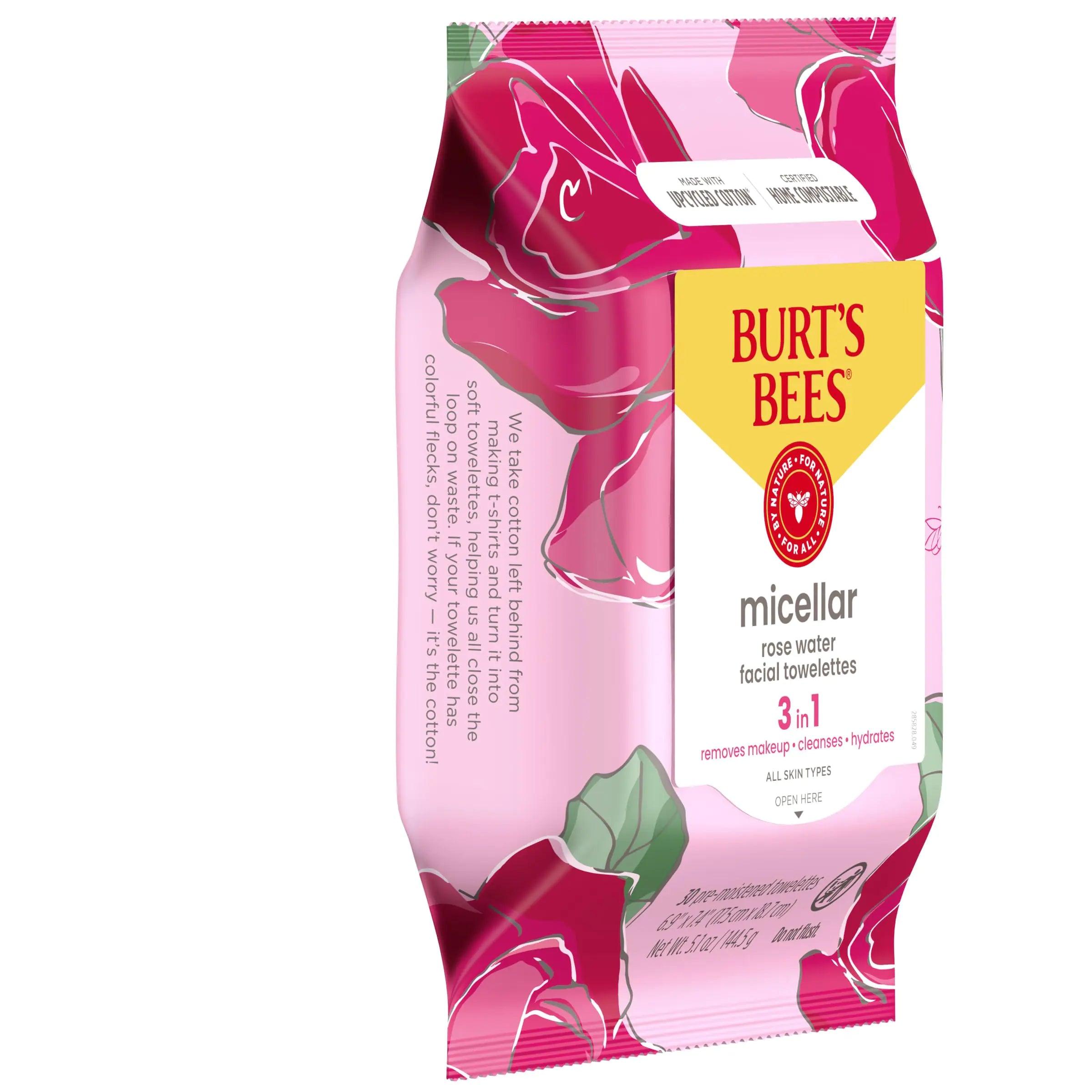 Burt's Bees Rose Water Face Wipes, for All Skin Types, Hydrating Micellar Makeup Remover & Facial Cleansing Towelettes, 30 Ct (3-Pack) 30 Count (Pack of 3) - Evallys.com # #