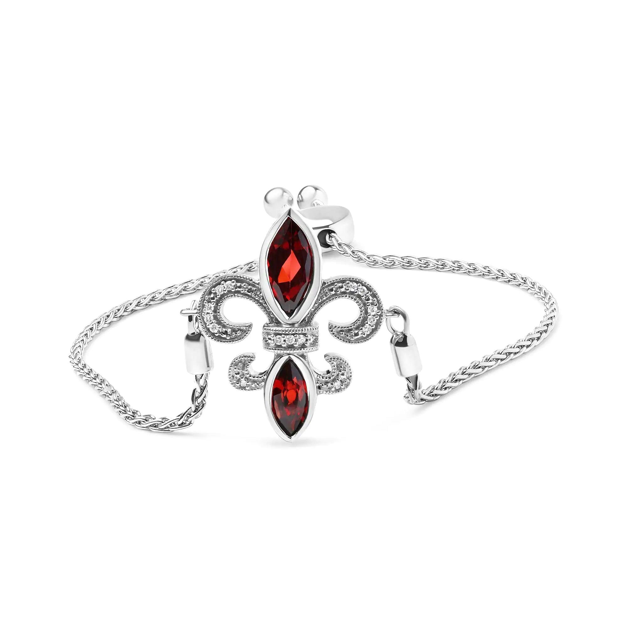 .925 Sterling Silver Marquise Garnet  and Diamond Accent Lariat 4”-10” Fleur De Lis Adjustable Bolo Bracelet (H-I Color, SI1-SI2 Clarity) - Evallys.com # #