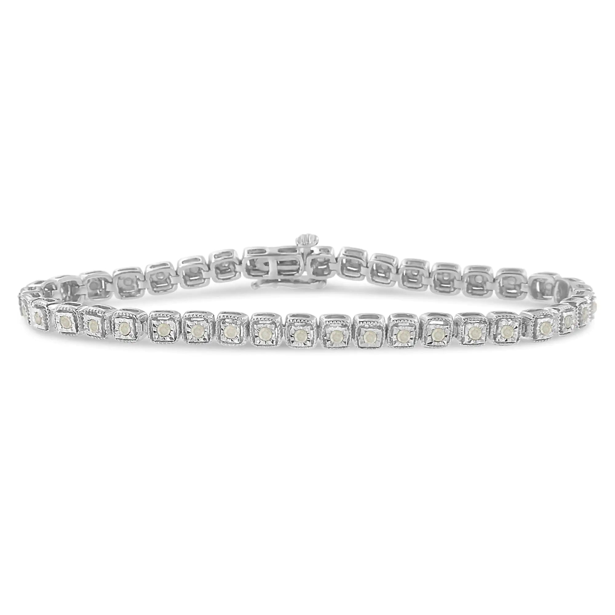 .925 Sterling Silver 1.0 Cttw Diamond Miracle-Set Square Milgrain 7" Link Tennis Bracelet (I-J Color, I3 Clarity) - Evallys.com # #