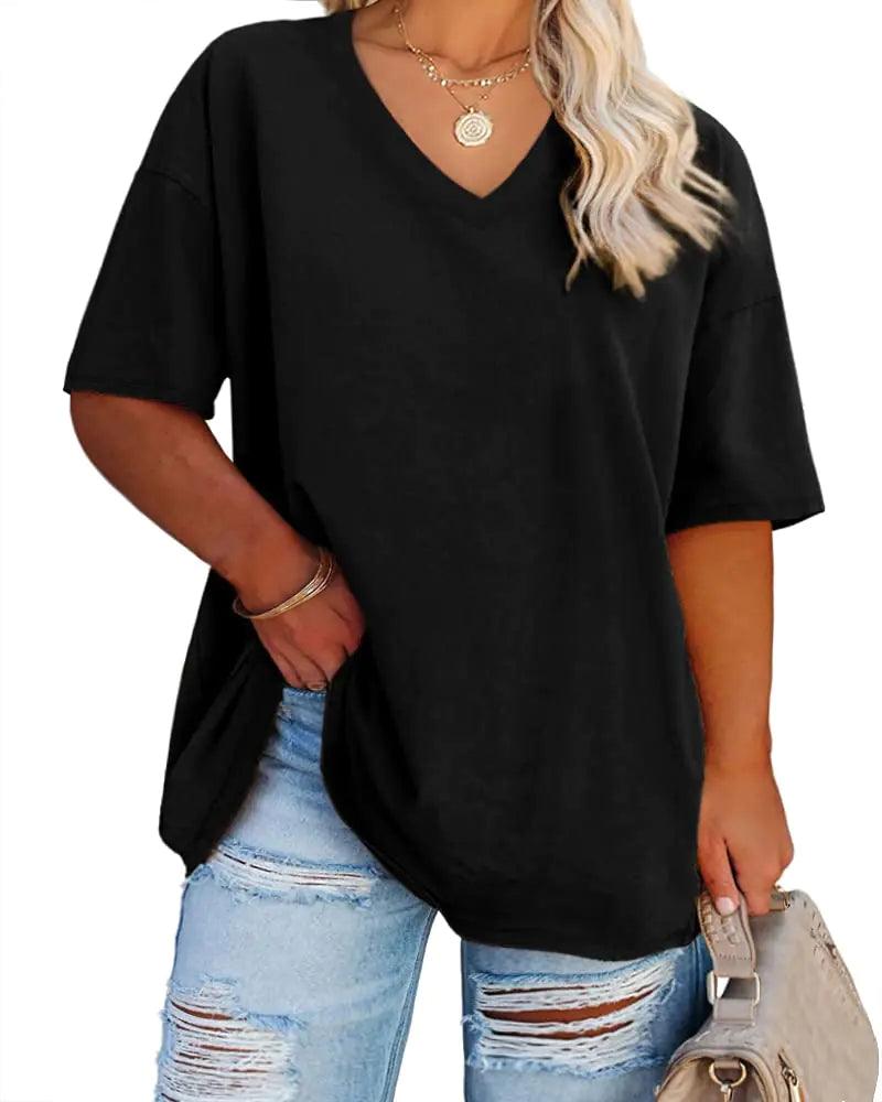 Women's Plus Size V Neck T Shirts Summer Half Sleeve Tees Casual Loose Fit Cotton Tunic Tops XX-Large Plus Khaki - Evallys.com