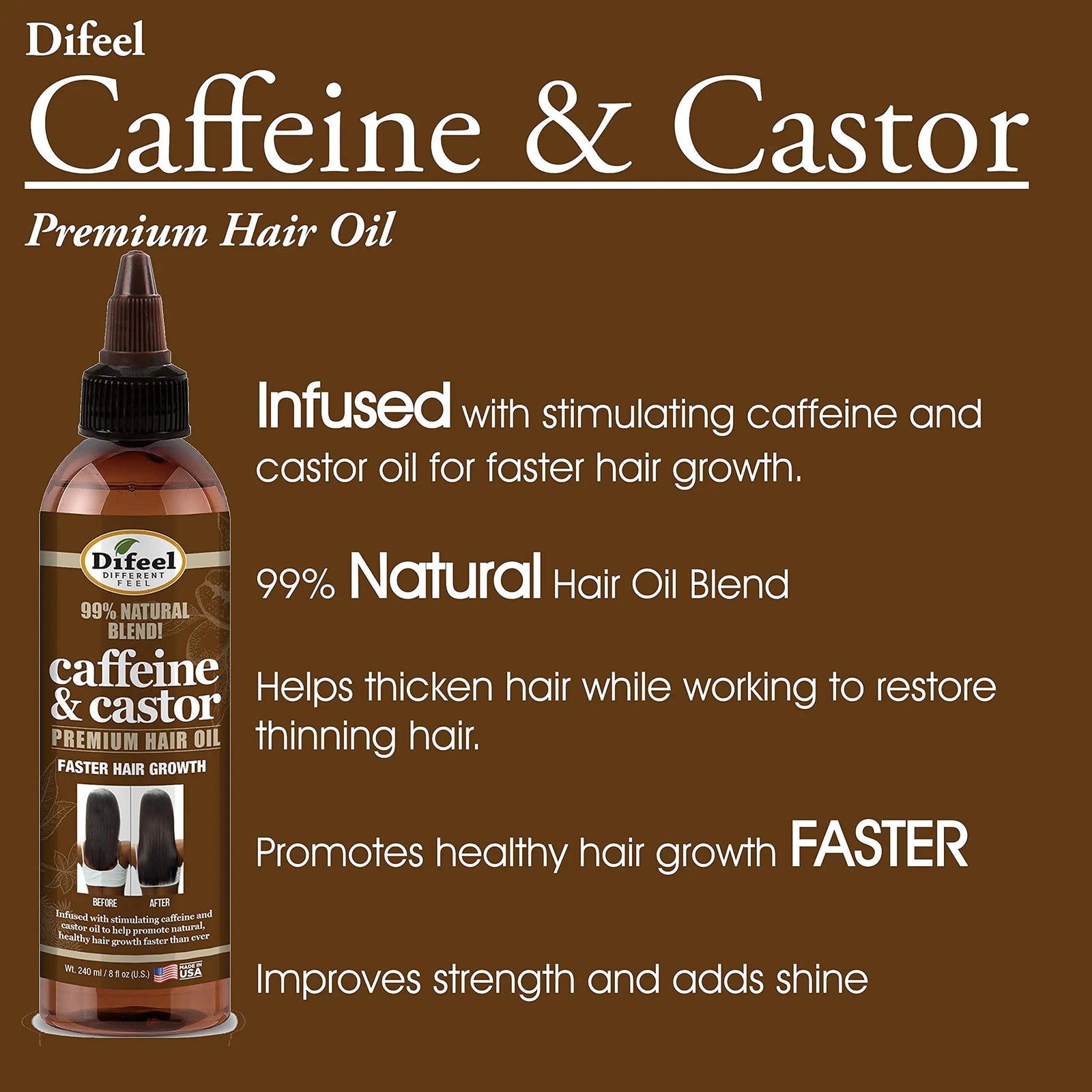 Difeel 99% Natural Premium Hair Oil - Caffeine & Castor Fastest Hair Growth, 8 oz. 8 Ounce (Pack of 1) - Evallys.com # #