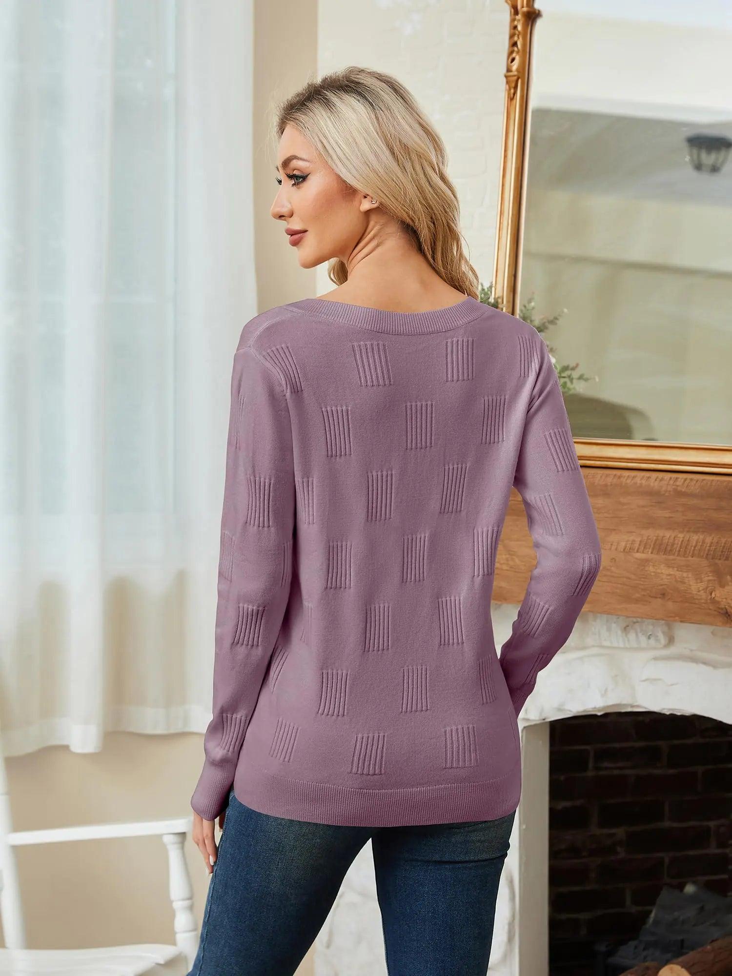 Sweaters for Women Trendy Fall Fashion 2024 Womens Long Sleeve Tops Shirts Blouses V Neck Casual Women's Pullover Sweater Grey Purple Large - Evallys.com # #