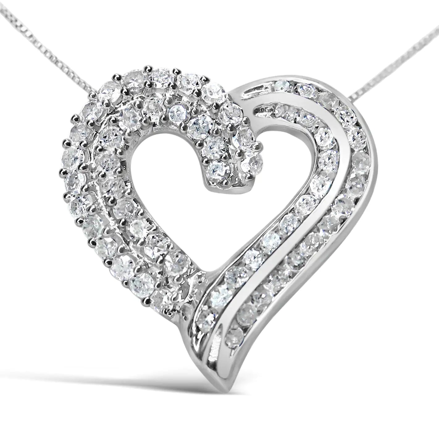 .925 Sterling Silver 1.0 Cttw Prong & Channel-Set Diamond Open work Ribbon Heart Pendant 18" Necklace (I-J Color, I3 Clarity) - Evallys.com # #