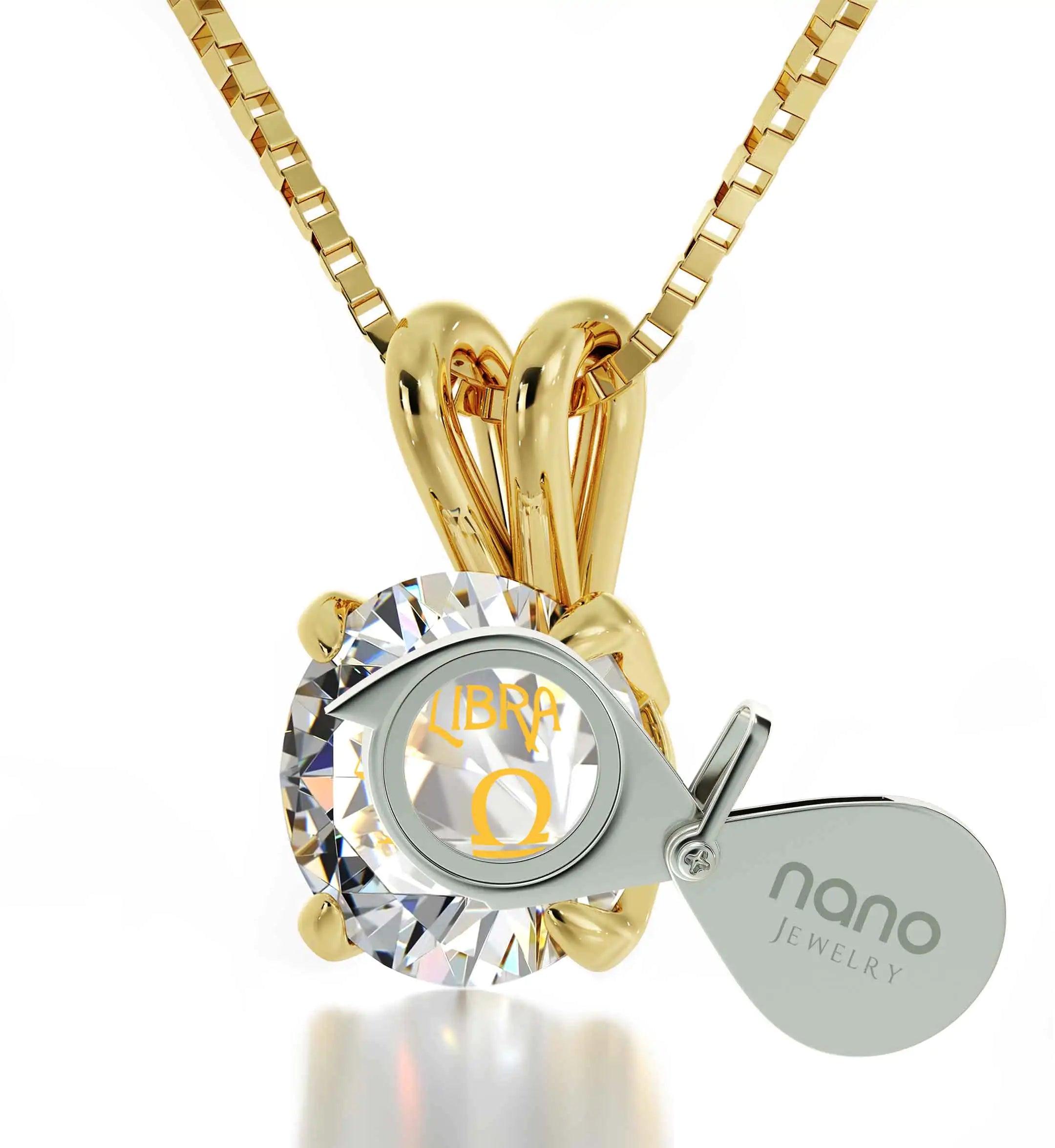 14k Yellow Gold Libra Necklace Zodiac Pendant 24k Gold Inscribed on Crystal - Evallys.com # #