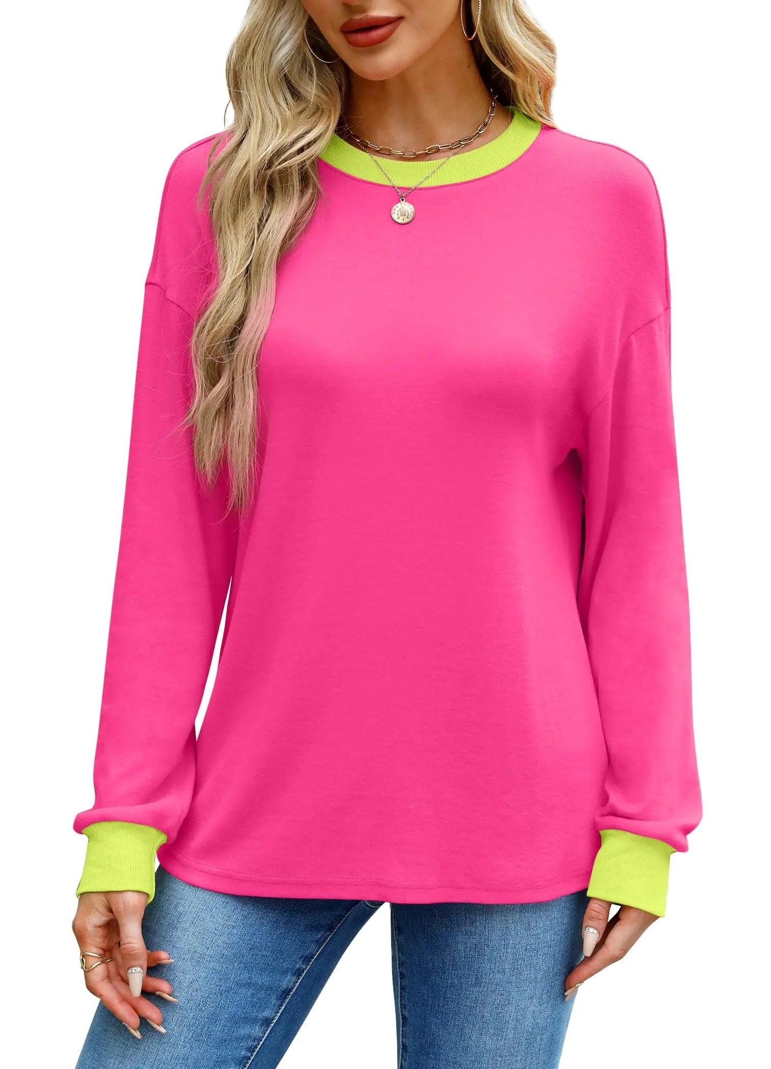 WIHOLL Womens Tunic Tops Long Sleeve Striped Shirts Crewneck Tops Plain Hot Pink X-Large - Evallys.com # #