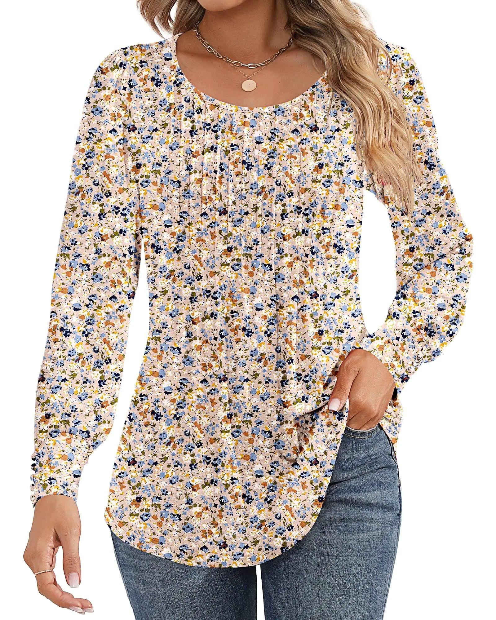 Ficerd Women's Puff Long Sleeve Tunic Tops Pleated Crew Neck Blouses Dressy Casual Loose Fit Fall and Winter Shirts Pink Floral Large - Evallys.com